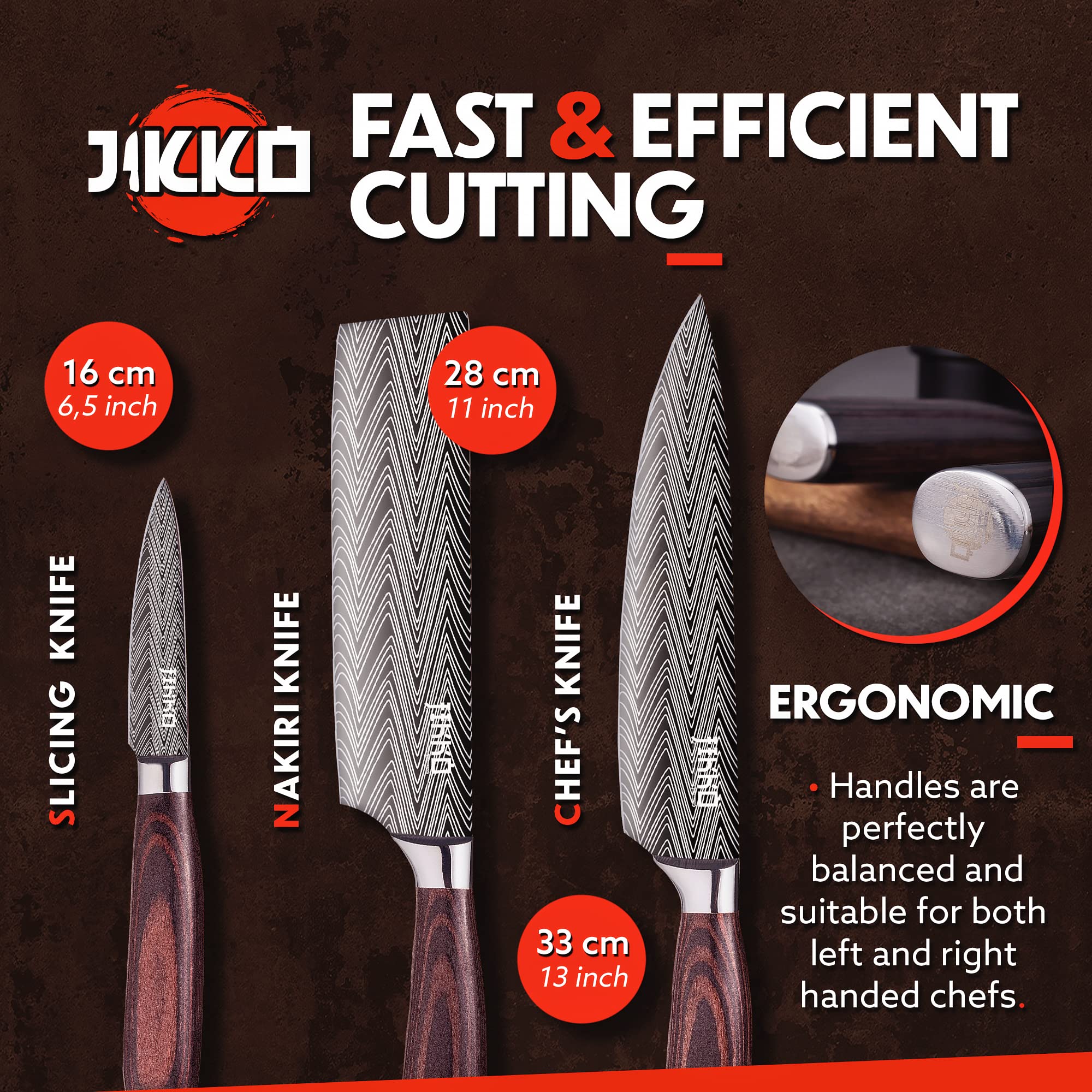 Jikko Premium Reinforced Carbon Steel Japanese Kitchen Knife Set – DiamondRazor Series – Ultra Sharp Chef Knives with Mahogany & Walnut Wood Handles – Professional Grade Cutlery for Sushi, Meat Cutting & Culinary Arts