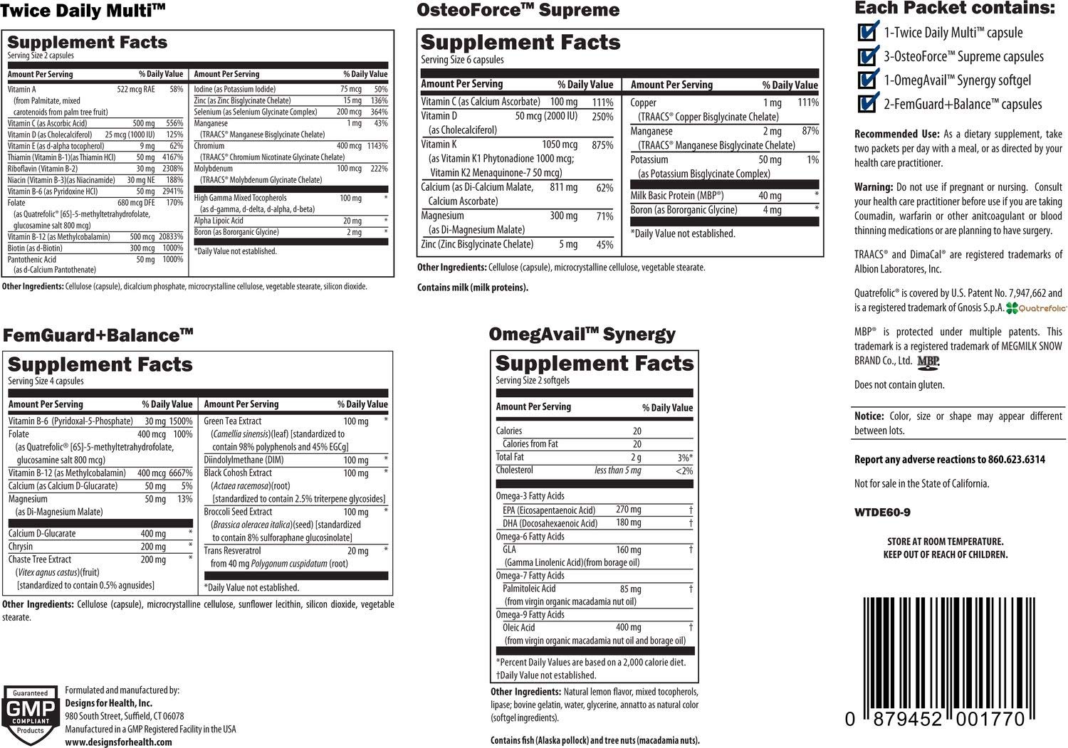 Designs for Health Women's Twice Daily Essential Packets - Iron-Free Multivitamin, OsteoForce Bone Support, OmegAvail Fish Oil & FemGuard+Balance - 60 Packets for Women's Health | Daily Nutrition Support for Active Lifestyles & Hormonal Balance