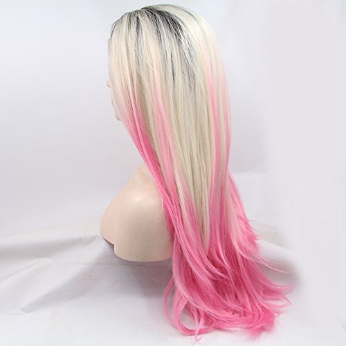 Xiweiya Ombre Pink Wigs with Dark Roots - 13x3 Lace Front Synthetic Wig in Platinum Blonde to Pink, Heat Resistant Fiber, 24 Inch - Perfect for Drag Queens, Cosplay, Halloween Costumes & Party Performances