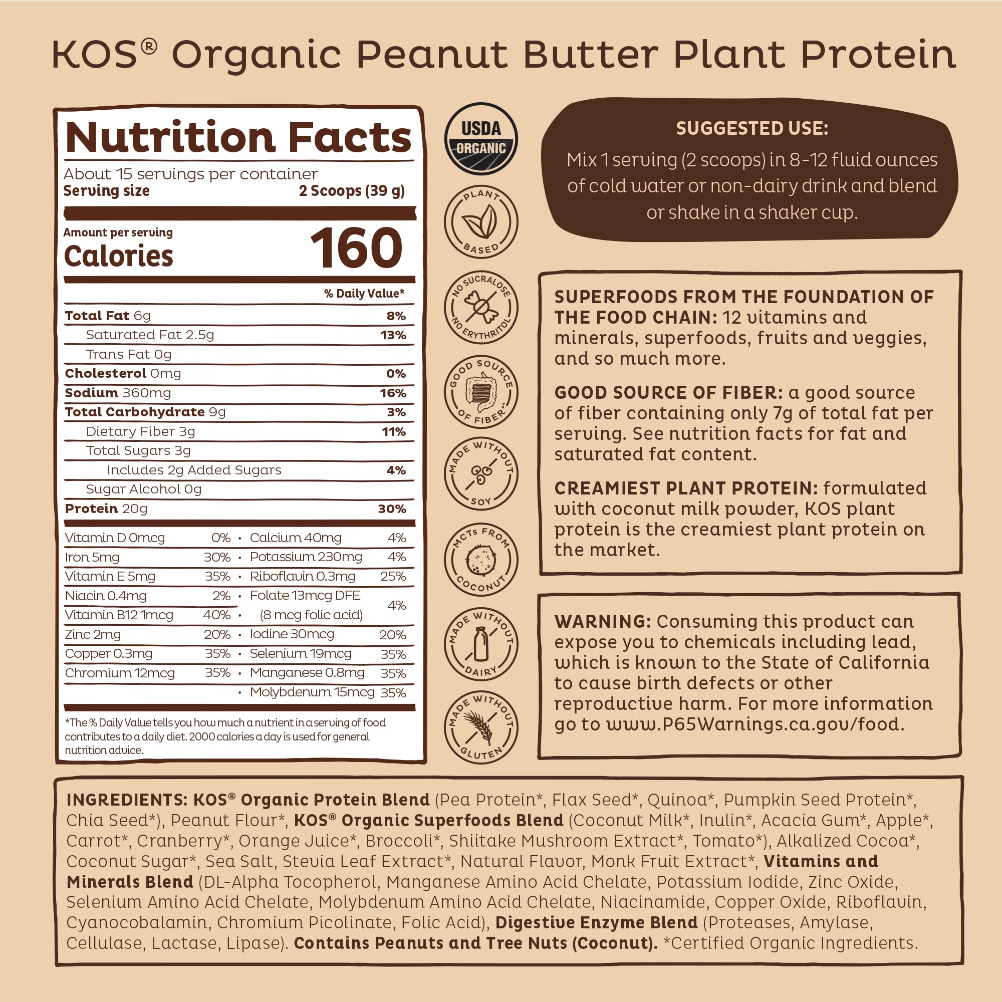 KOS Organic Vegan Protein Powder - Chocolate Peanut Butter Flavor | Plant-Based, Keto Friendly, Gluten Free, Dairy Free & Soy Free Protein Supplement (15 Servings) - Perfect for Post-Workout Recovery & Healthy Smoothies