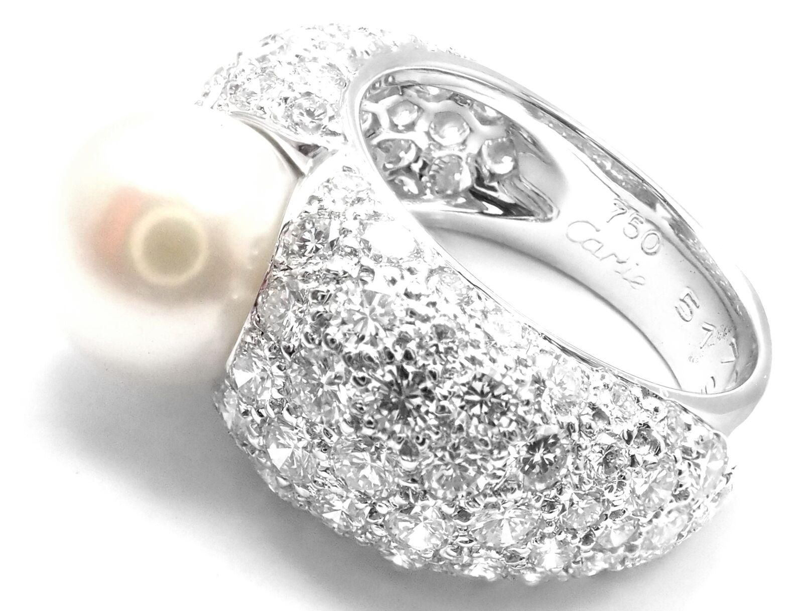 Authentic Cartier Juliette 18k White Gold Cultured Pearl Diamond Ring for Women - Elegant Wedding, Engagement & Anniversary Jewelry Gift