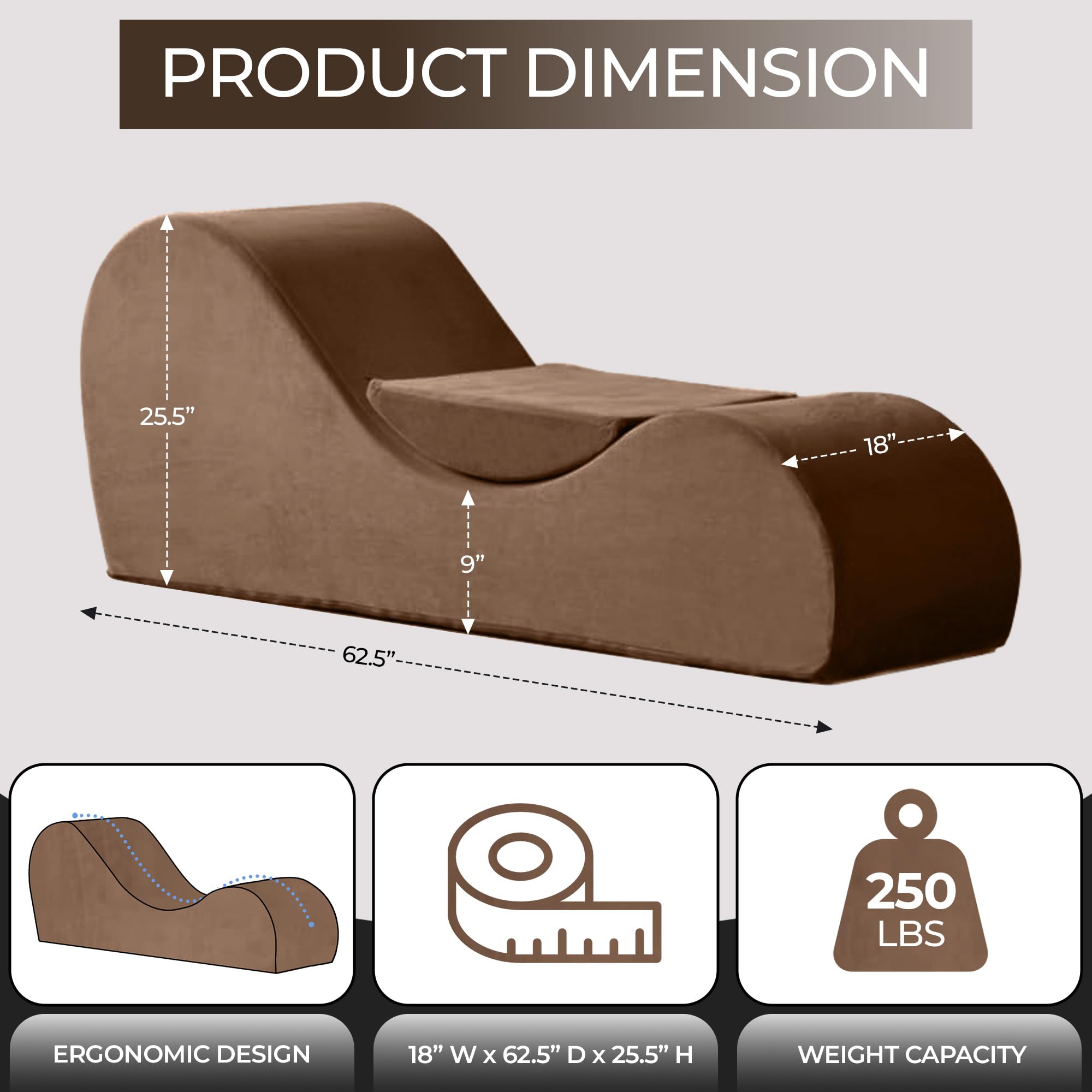 Solace Yoga Chaise Lounge Chair - Ergonomic Stretching & Relaxation Chair with High-Density Foam Core, Removable Washable Cover (Brown) - Perfect for Yoga, Pilates, Meditation & Home Spa