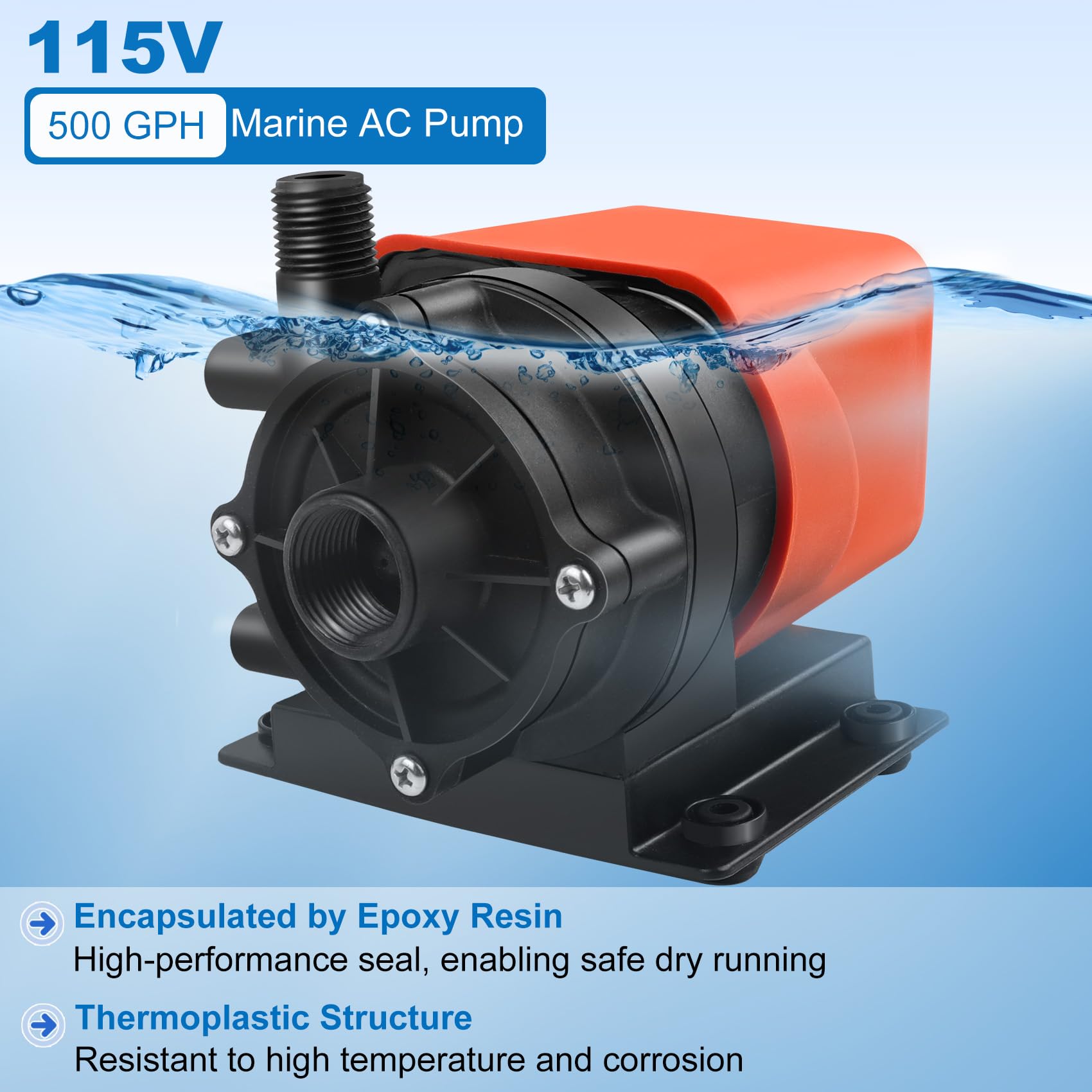 500GPH Marine AC Water Pump 115V - Submersible Boat Air Conditioner Pump for Seawater Circulation - Perfect for Marine Air Conditioning Systems & Boat Cooling Applications