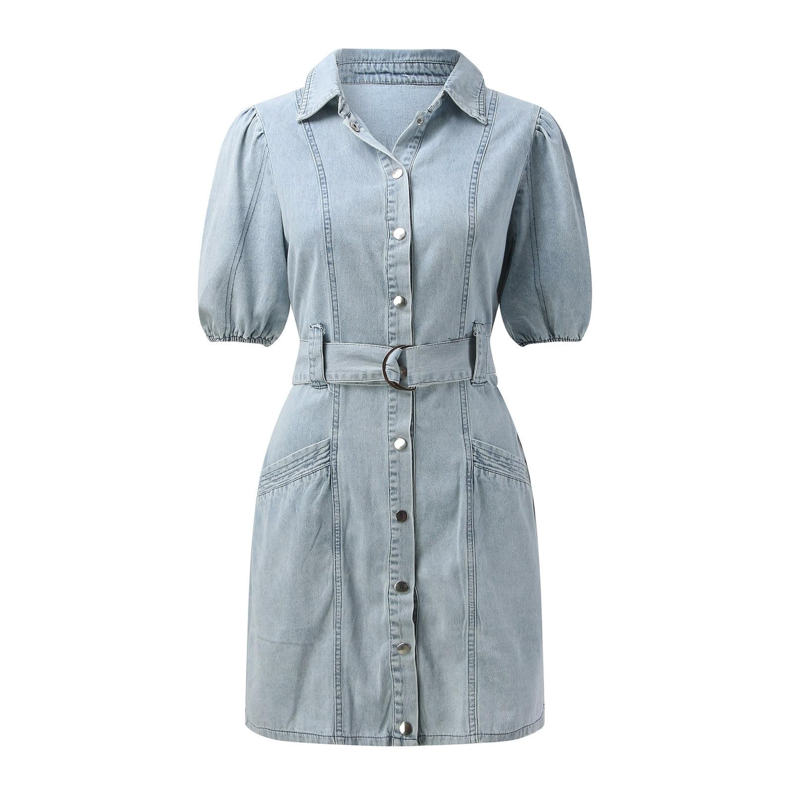 2024 Women's Summer Denim Dress - Short Sleeve Fitted Retro Mini Dress for Casual Wear | Perfect for Beach Outings, Date Nights & Weekend Brunch