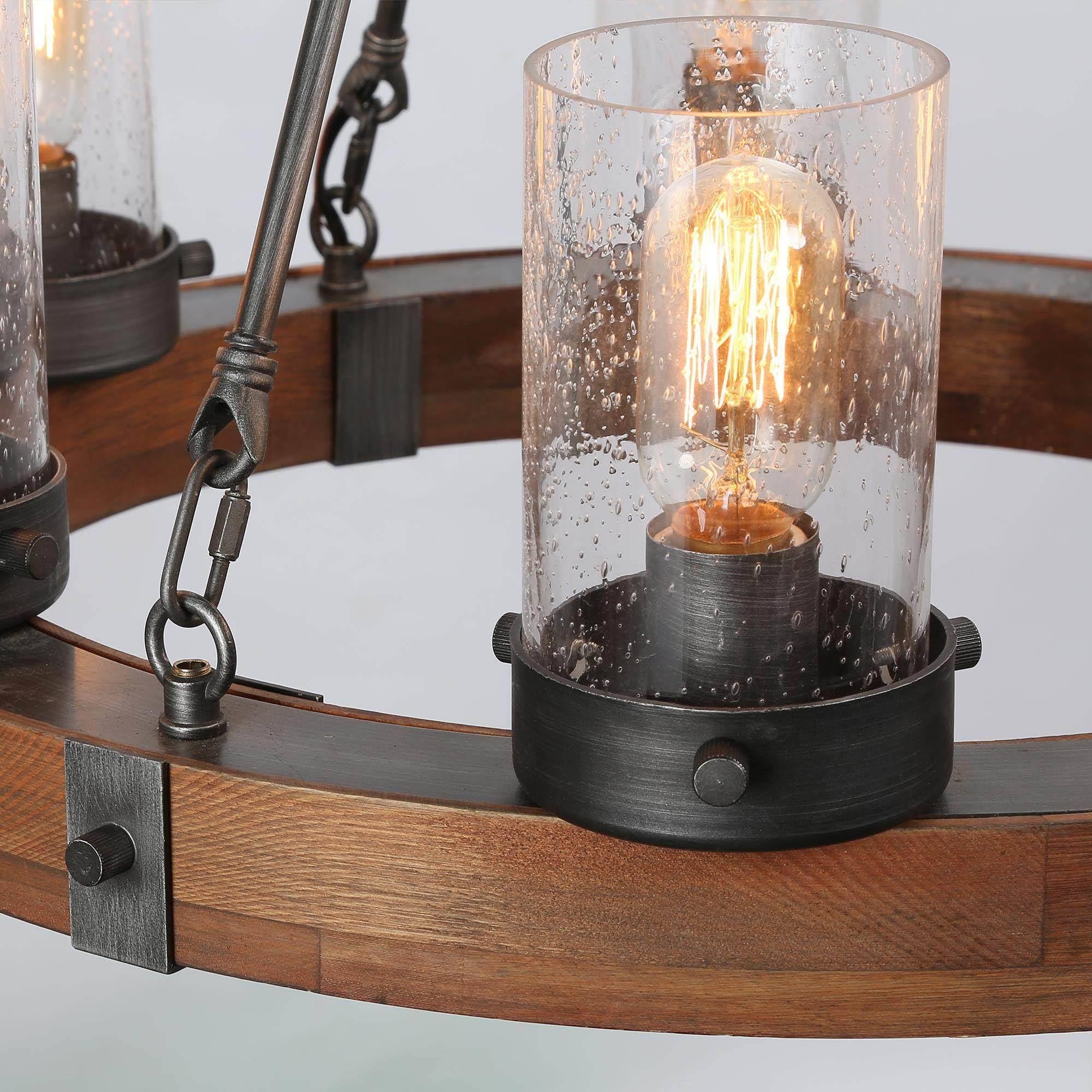 LALUZ Rustic Farmhouse Chandelier - 6-Light Wood Wagon Wheel Ceiling Light with Seeded Glass Shades for Dining Room, Living Room, Bedroom & Entryway | Perfect for Country Style Home Decor & Cabin Lighting