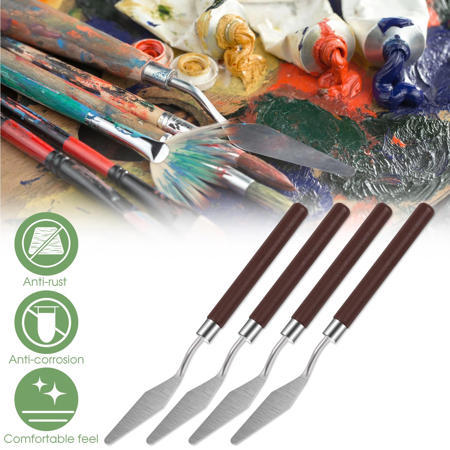 4pcs Professional Painting Palette Knives Set - #4 Pointed Palette Knife with Wooden Handle for Oil & Acrylic Paint Mixing - Perfect for Canvas Art, Color Blending & Texture Creation (Ideal for Artists & Hobbyists)