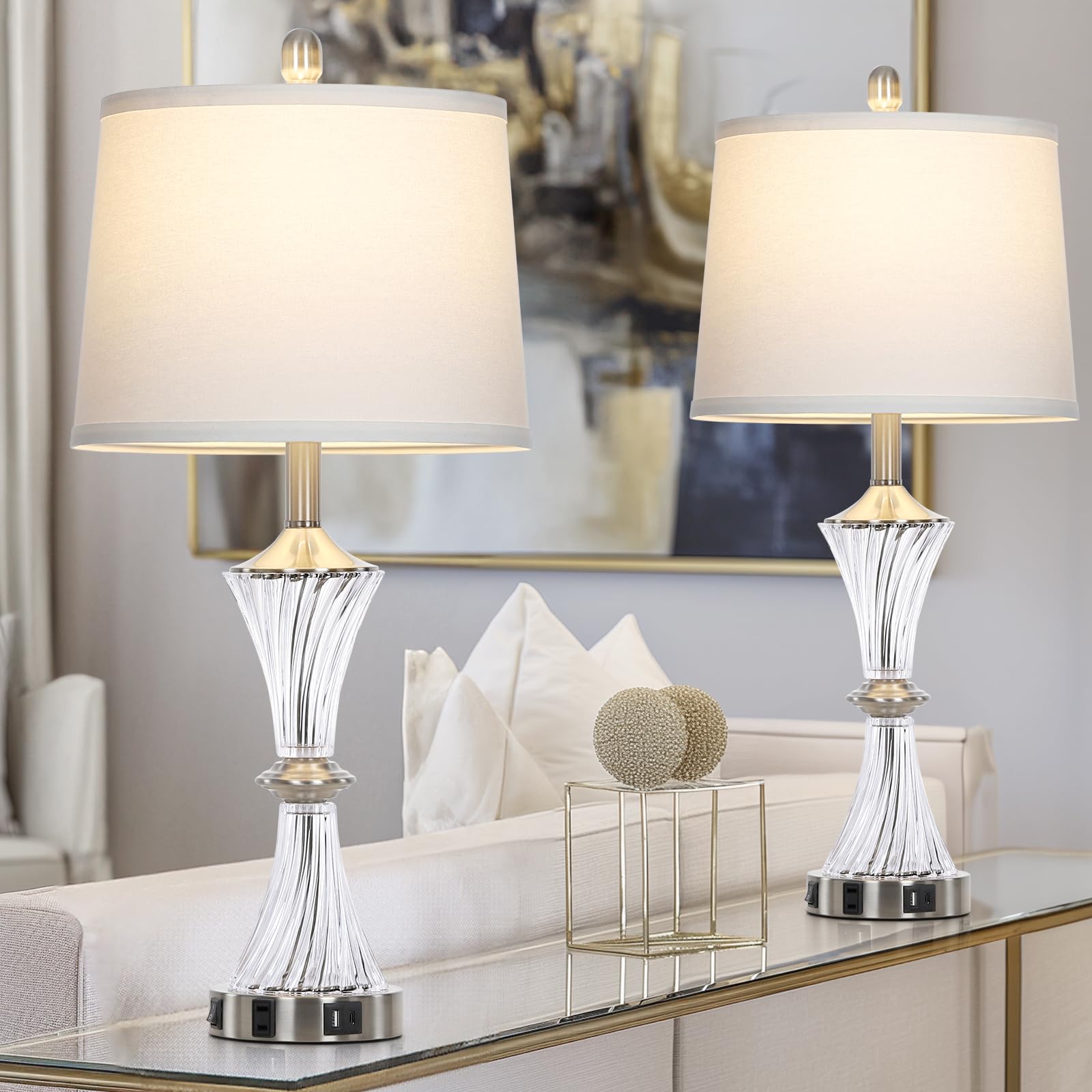 Rinweey 2-Pack Crystal Glass Table Lamps with USB C/A Ports & AC Outlet - Modern White Clear Silver Nightstand Lamps for Bedroom, Living Room - Includes LED Bulbs | Perfect for Reading, Decor, and Ambient Lighting