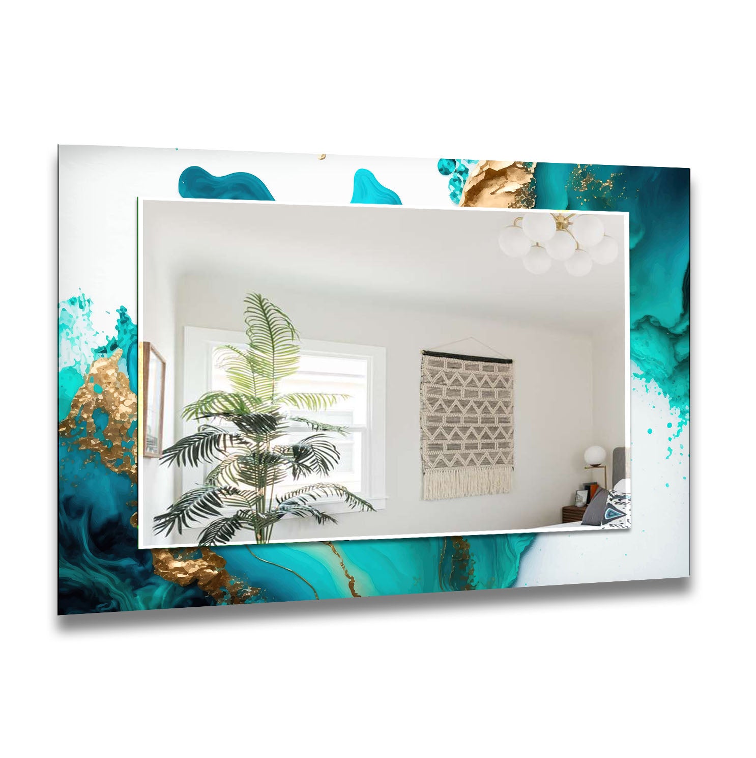 Aqua Marble Glass Wall Mirror with Turquoise Abstract Frame - Elegant Bathroom & Bedroom Decor for Modern Homes