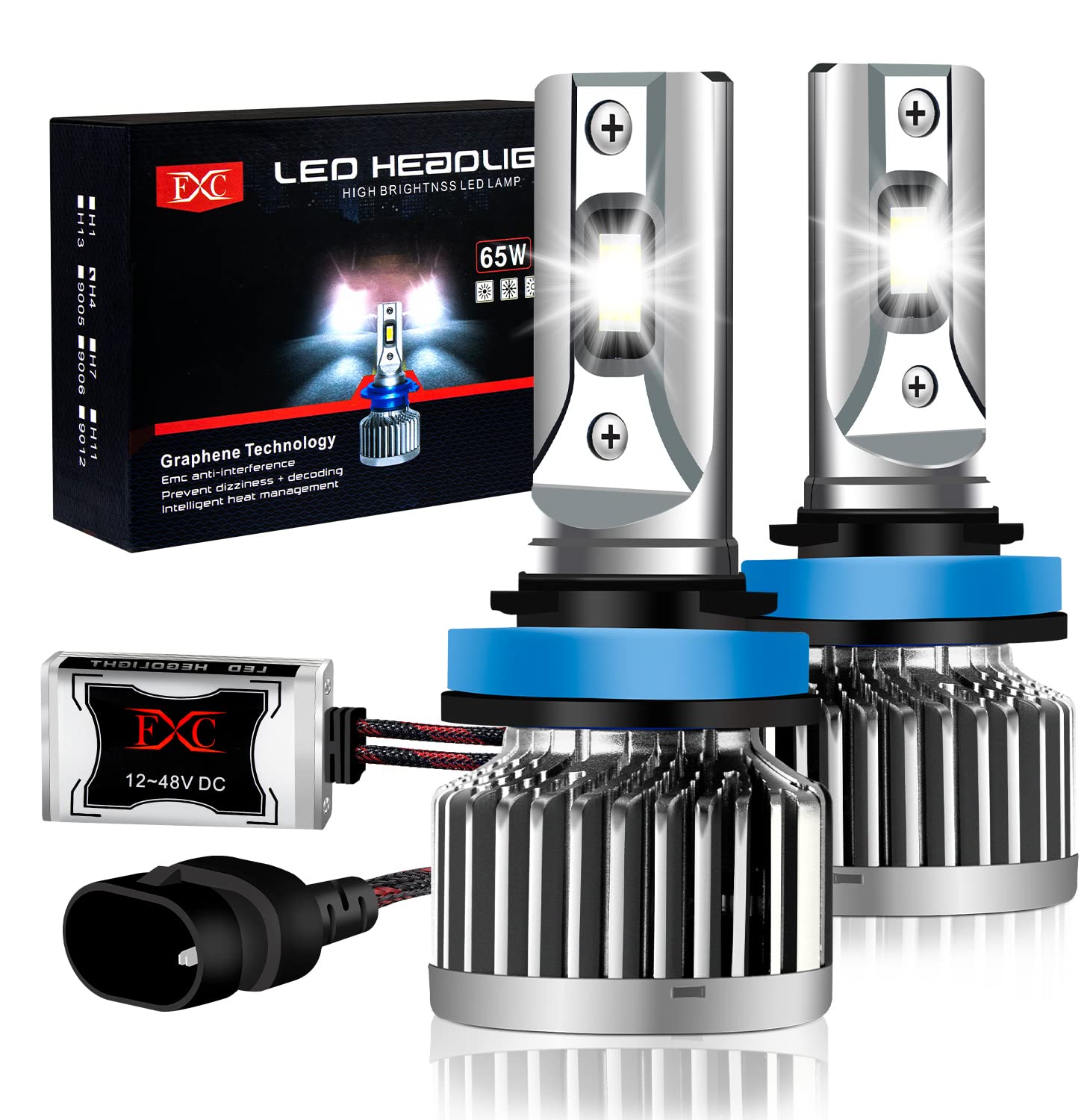 FXC 2 Pack Super Bright H11 H8 H9 LED Headlight Bulbs - 6500K Cool White 14000LM, Plug and Play Conversion Kit with Graphene Cooling Tech (65W Halogen Replacement) - Perfect for Night Driving, Foggy Conditions & Off-Road Adventures