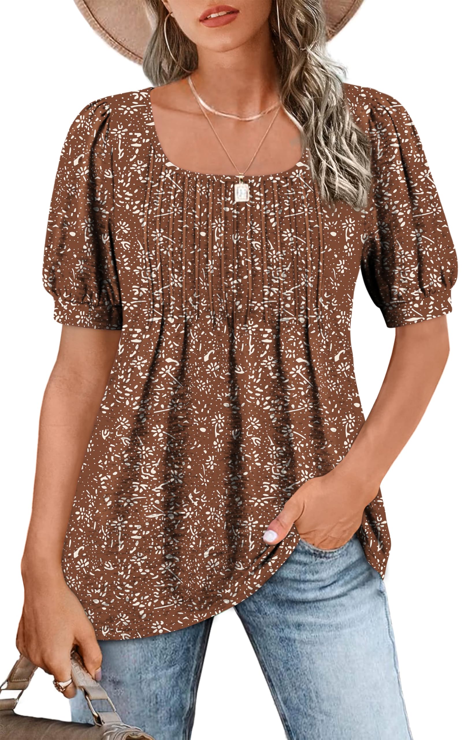 Zwurew Women's Summer Casual Puff Short Sleeve T-Shirt - Square Neck Pleated Flowy Tunic Top for Leggings (S-2XL) | Trendy Blouse for Outfits, Beach Wear & Daily Fashion
