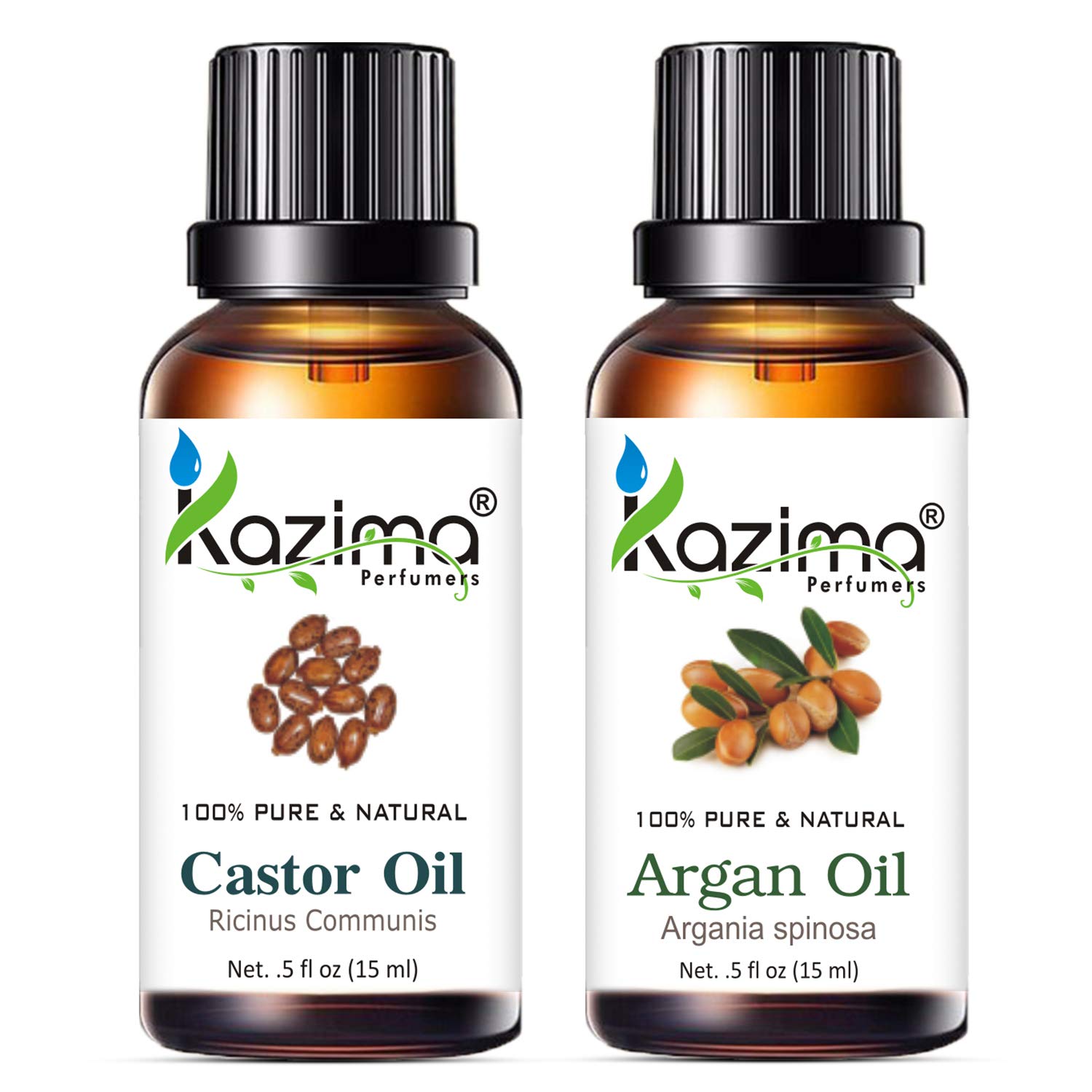 KAZIMA Cold Pressed Castor Oil & Argan Oil Combo - 100% Pure Carrier Oils for Hair Growth, Skin Care & Body Moisturizing (15ml Each) - Perfect for DIY Beauty, Massage & Natural Hair Treatments