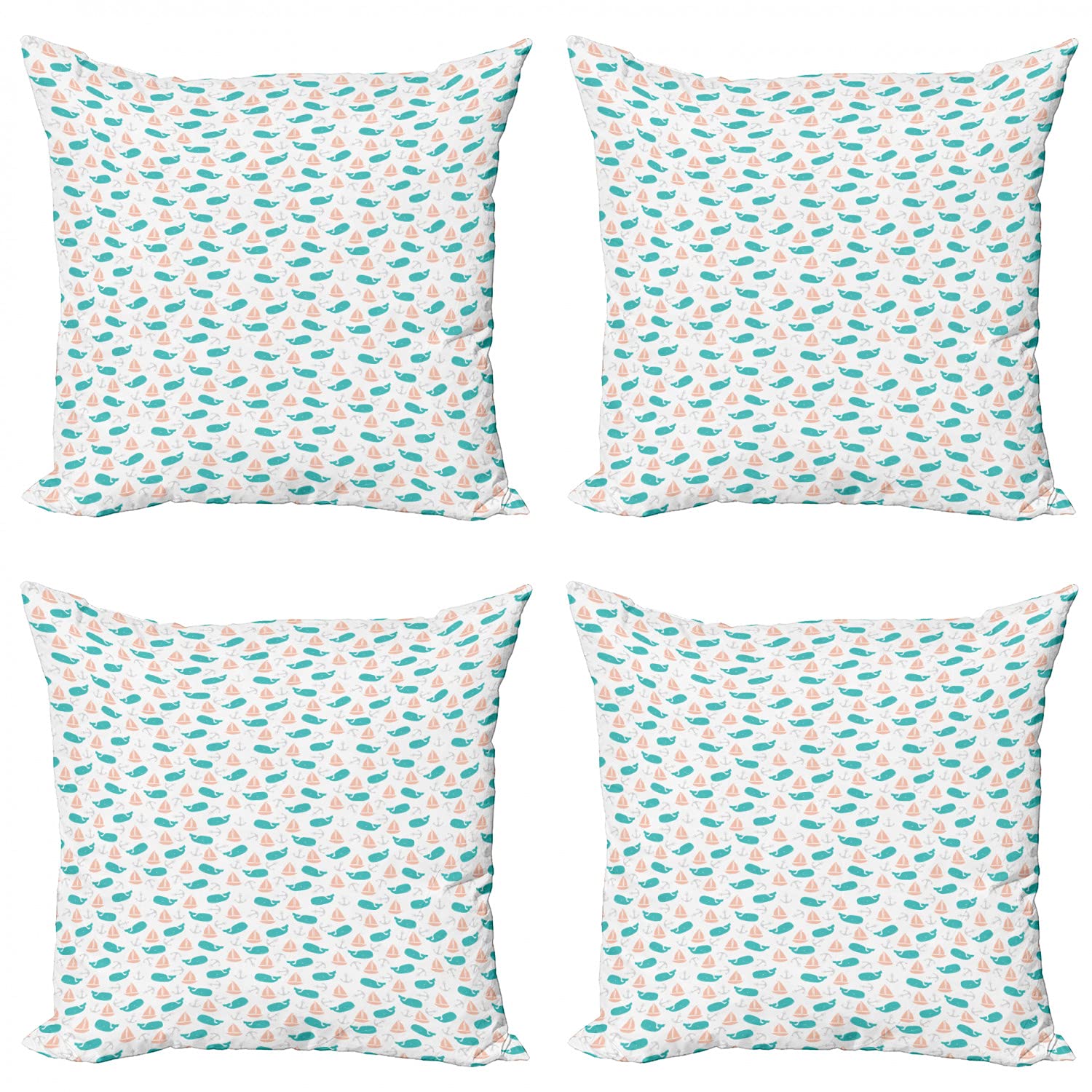 Ambesonne Nautical Decorative Throw Pillow Covers Set of 4 - Sailboat Anchor Whale Marine Theme Cushion Covers 20x20 Inch for Sofa Bedroom Car - Turquoise & Peach Coastal Home Decor Beach House Living Room Accessories
