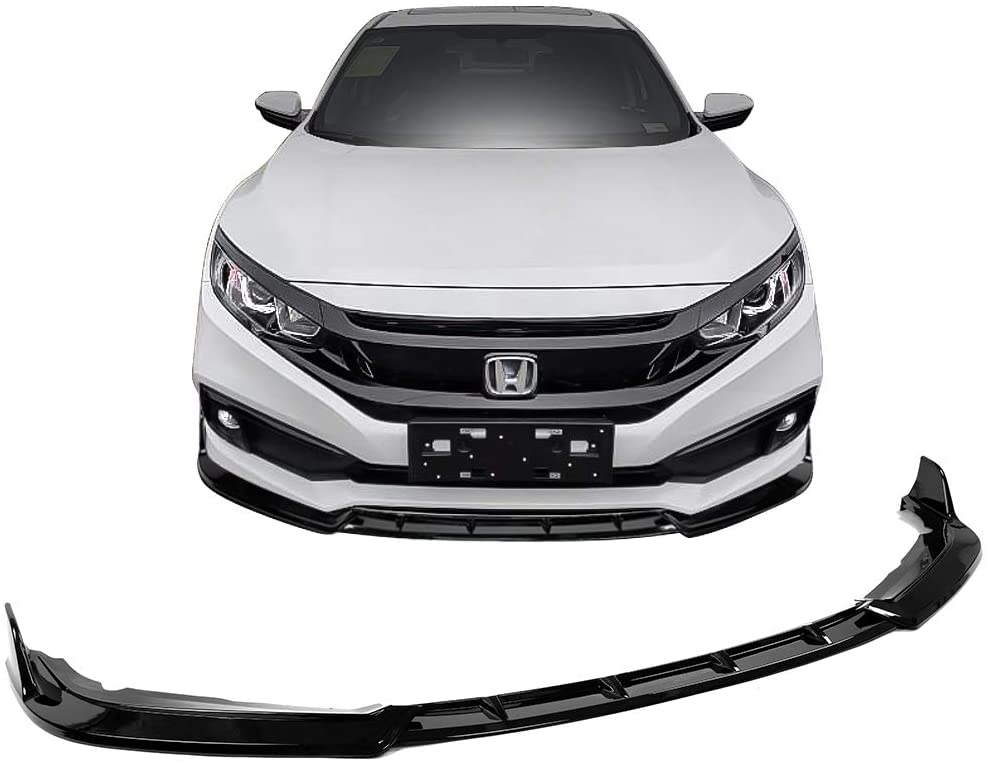 2019-2021 Honda Civic Sedan Front Bumper Lip Spoiler - IK Style 3-Piece Gloss Black/Carbon Fiber Design - Enhances Aerodynamics & Sporty Look for Daily Driving & Car Shows