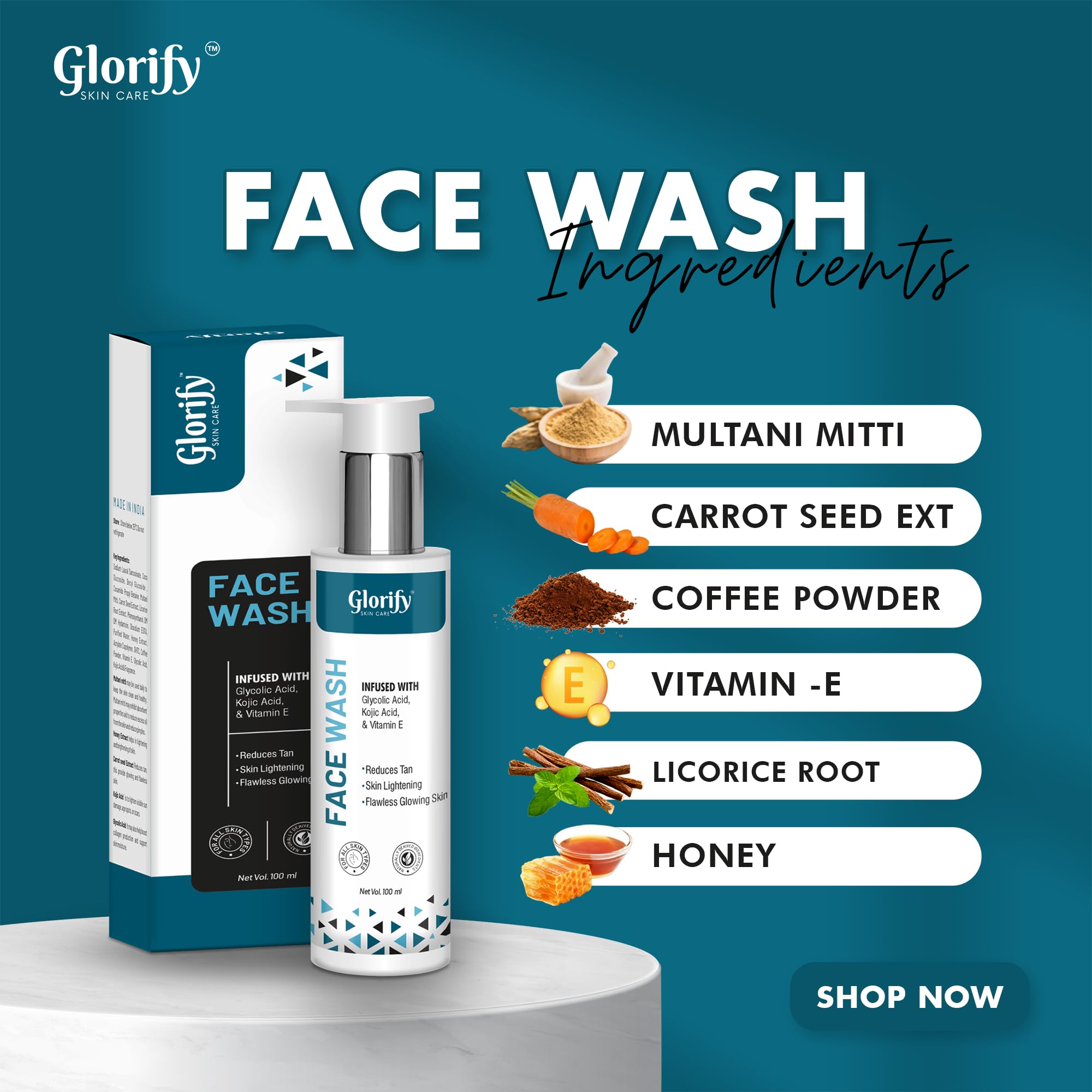 Glorify Vitamin E & Kojic Acid Face Wash - Natural Skin Brightening Cleanser for Dark Spot Removal & Tan Eraser - 100ml for Women & Men - Perfect for Daily Skincare & Post-Sun Care