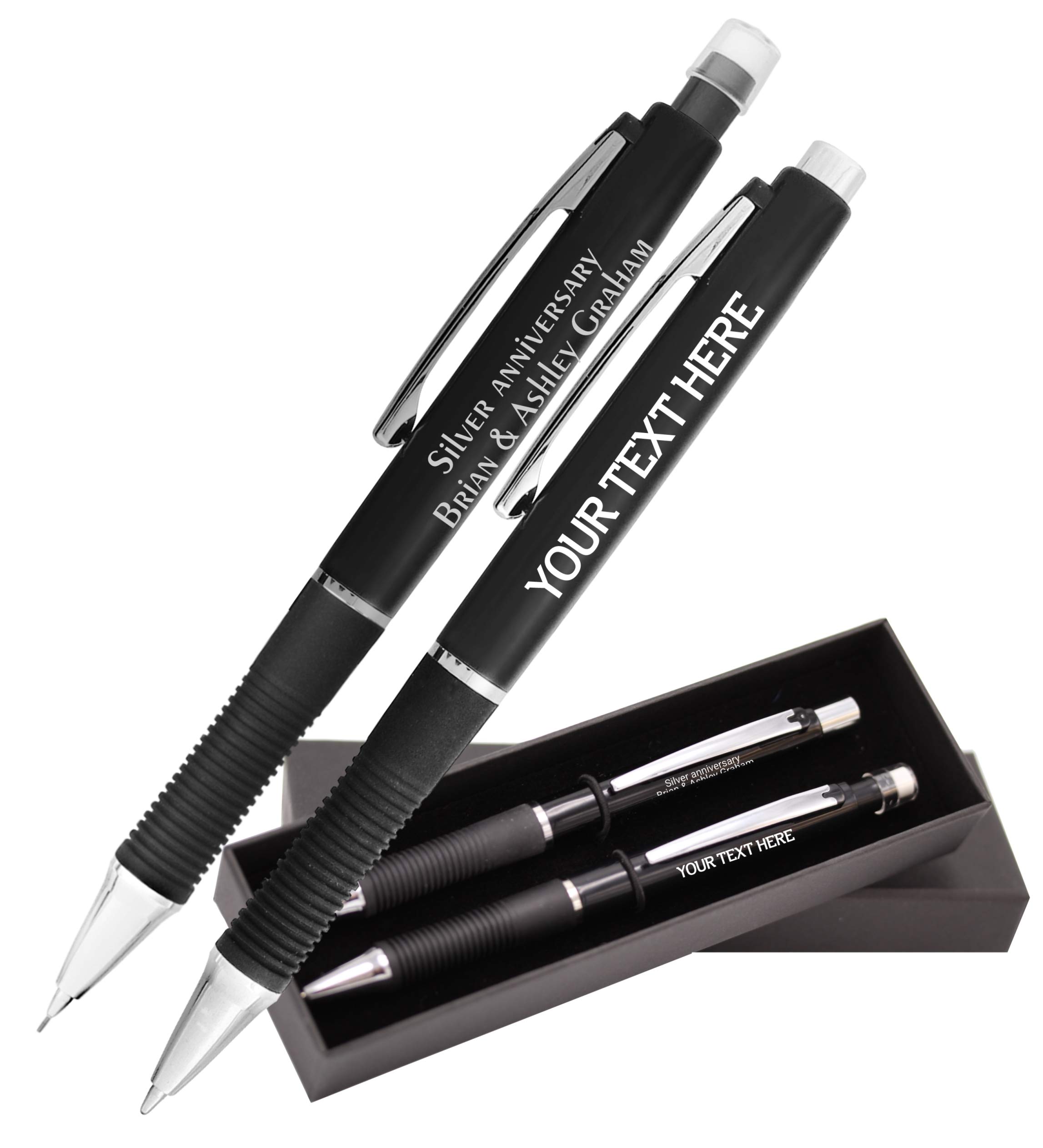 24-Pack Custom Name Engraved Ballpoint Pens & Mechanical Pencils Set - Elegant Gift Box, Rubber Grip Writing Instruments for Office, School, Graduation Gifts - Personalized Holiday Present with Your Text (Black)