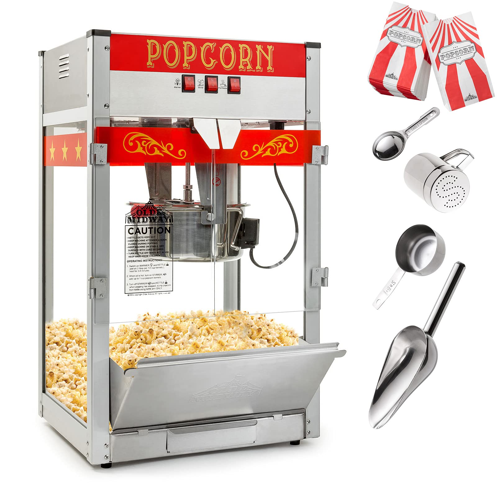 Olde Midway Commercial Popcorn Machine with 12-Ounce Kettle - Red | Heavy Duty Popcorn Popper for Movie Nights, Parties & Concessions | Perfect for Theaters, Carnivals & Home Use