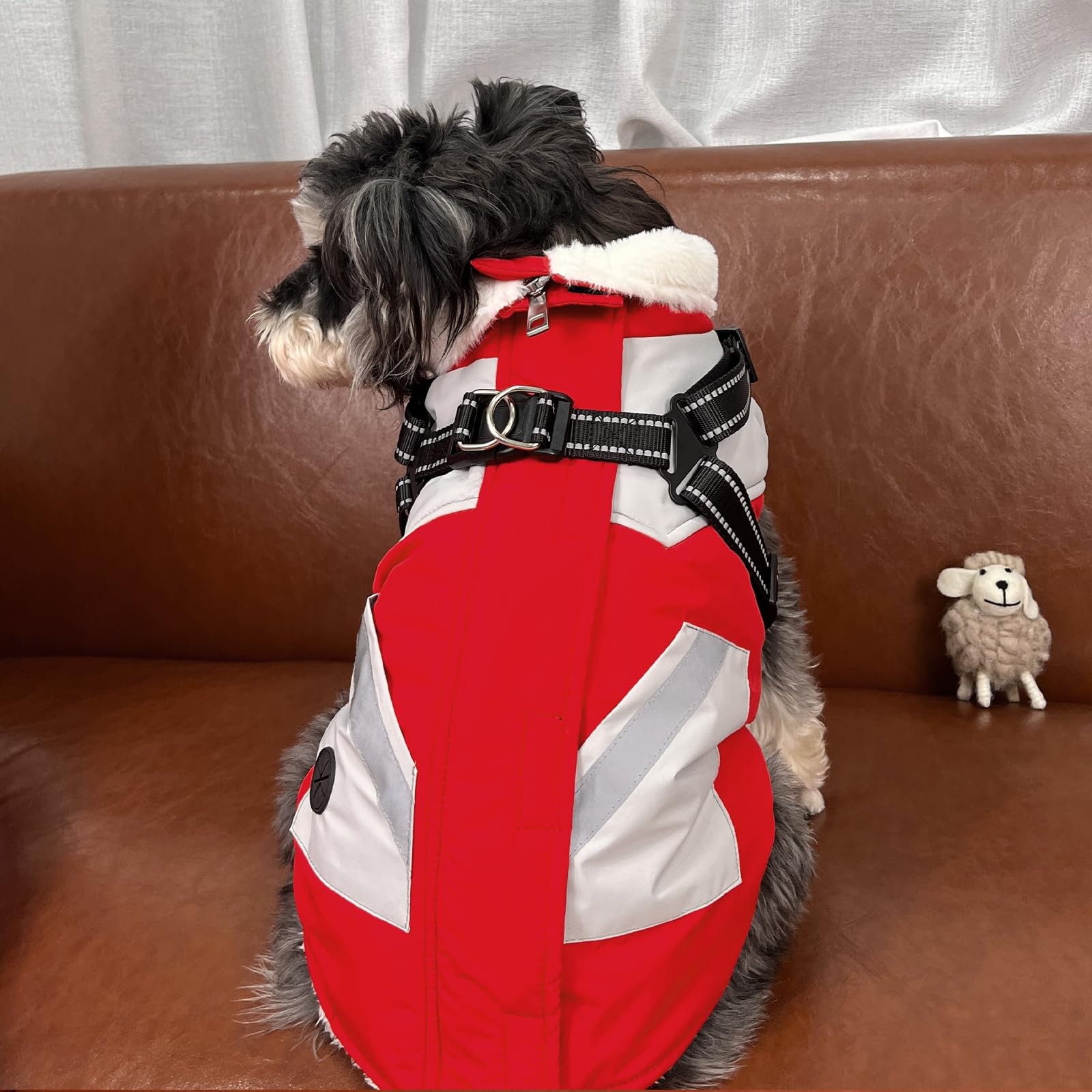 FUAMEY Waterproof Dog Jacket with Built-in Harness - Winter Coat with Back Zipper & Poop Bag Pockets - Reflective Snowsuit Vest for Medium Dogs (Red, Size M) - Perfect for Outdoor Walks, Hiking & Cold Weather Protection