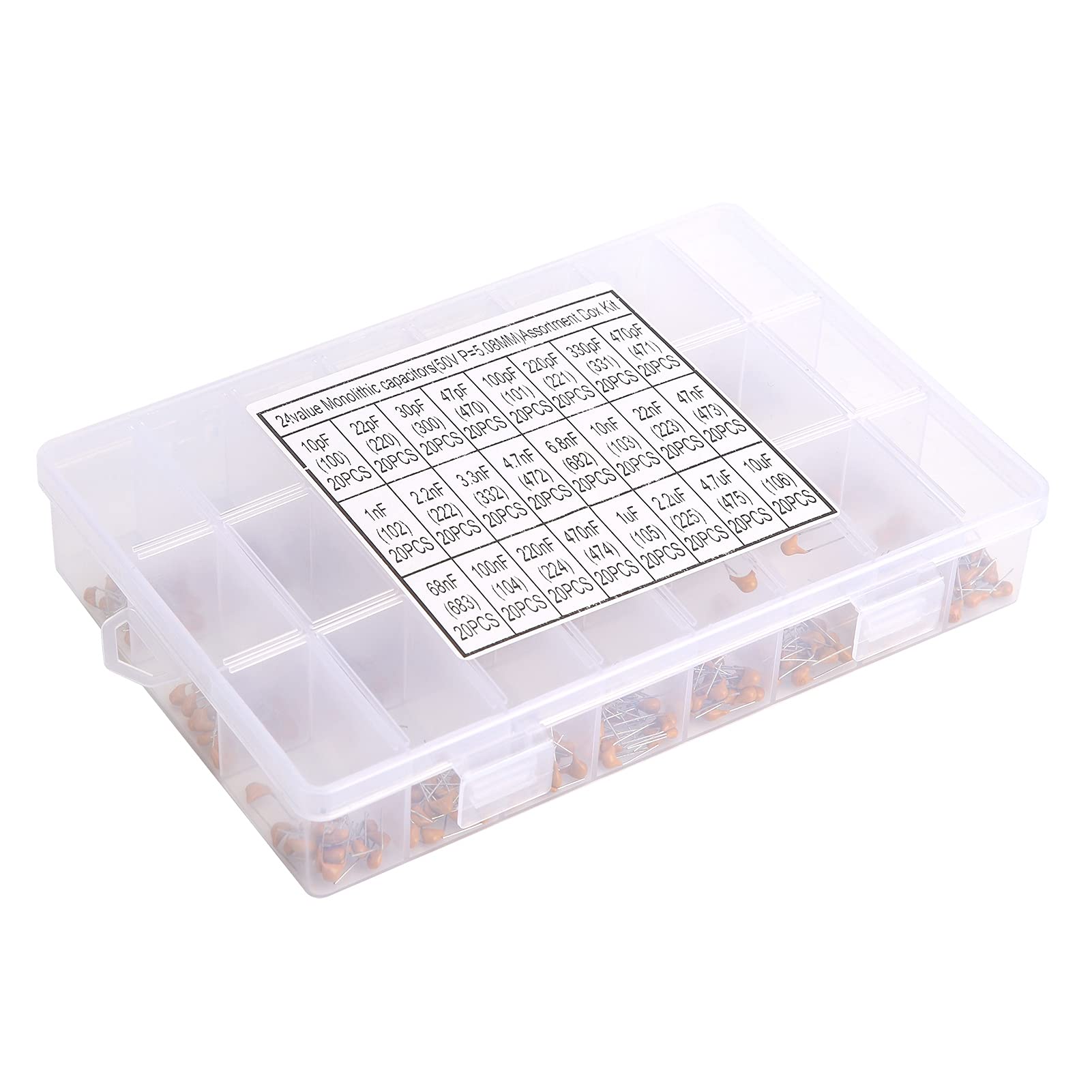 480pcs Monolithic Ceramic Capacitor Kit - 24 Values (10pF-10uF) for Electronics Repair, DIY Projects & Computer Components - Perfect for Circuit Boards, Arduino & Raspberry Pi Projects