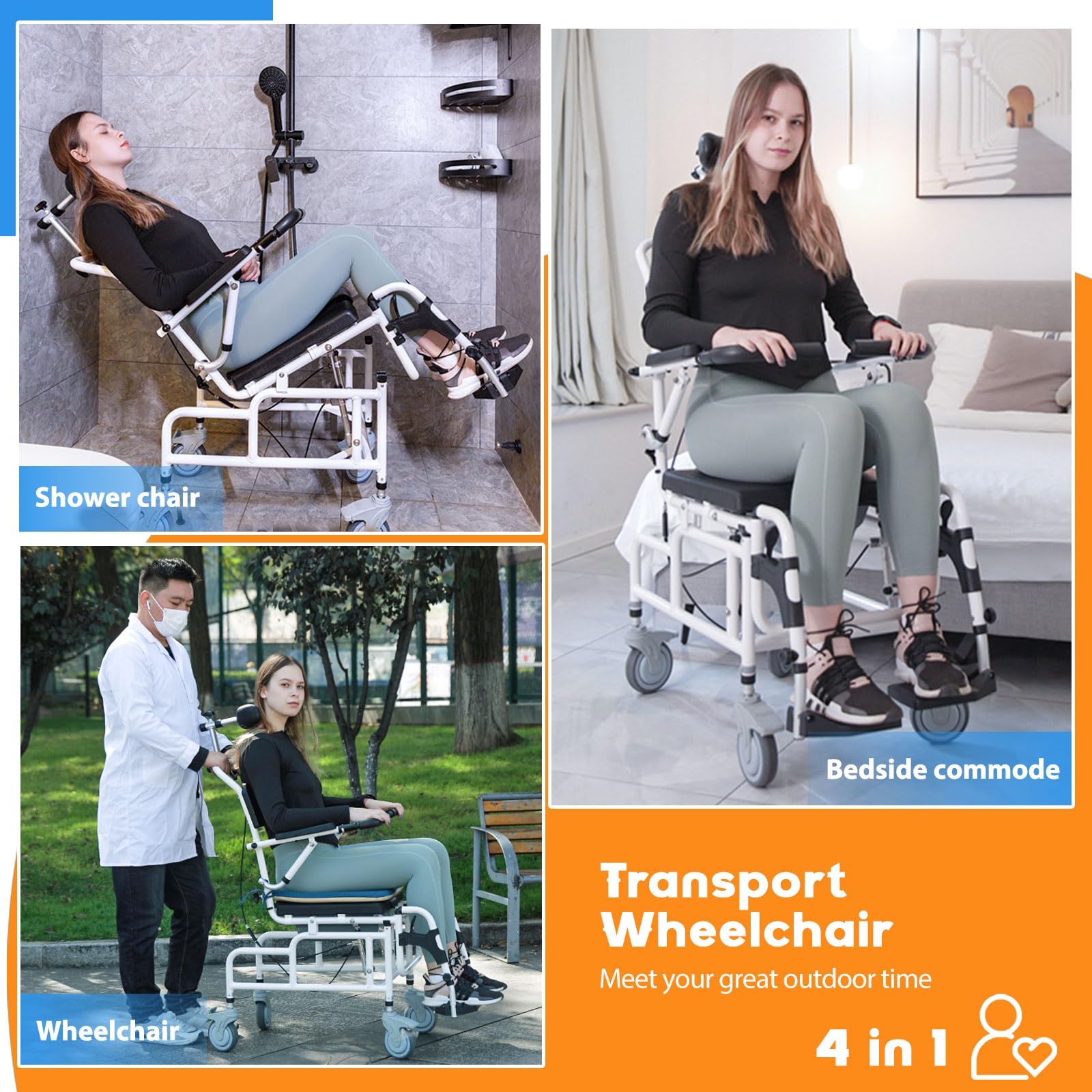 Adjustable Reclining Shower Chair with Soft Cushion & Wheels - 45° Tilt Shower Wheelchair with Commode - Elderly & Disabled Bath Safety - Ideal for Seniors, Post-Surgery Recovery & Home Care Use