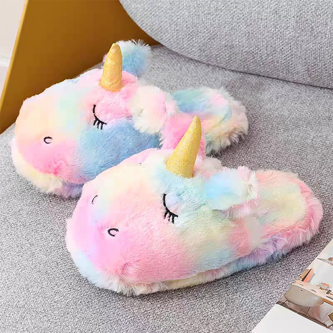 HANDKEI Cute Rainbow Unicorn Slippers - Plush Animal House Shoes for Women & Girls - Soft Warm Winter Indoor Slippers for Home, Lounge, Bedroom - Cozy Gift Idea for Christmas & Birthday