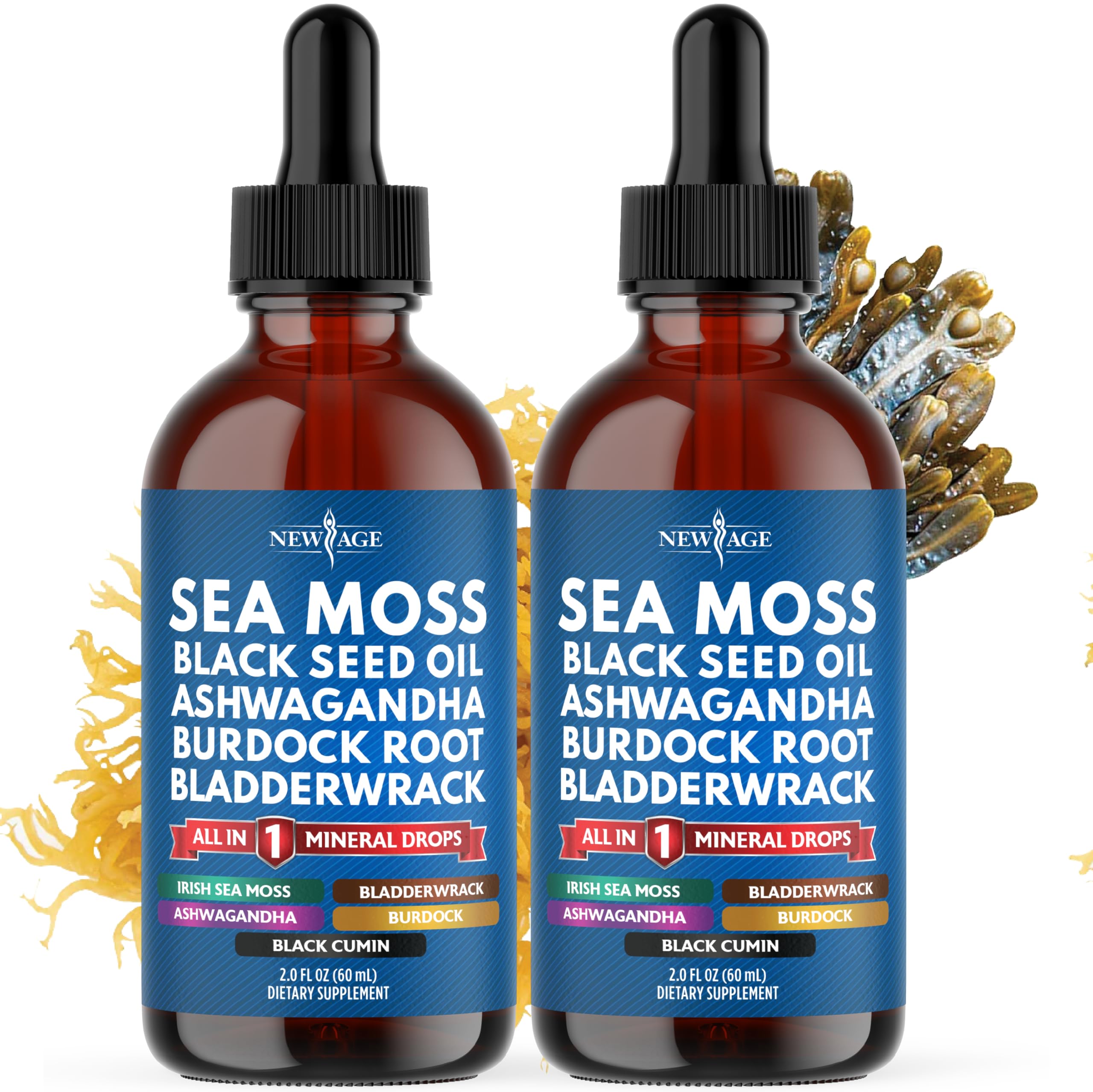 Organic Sea Moss Liquid Drops with Black Seed Oil, Ashwagandha & Burdock Root - Vegan Multimineral Supplement for Immune Support, Energy & Detox - Non-GMO, Silica-Rich Formula (2 Pack) - Perfect for Daily Wellness Routine & Holistic Health Enthusiasts