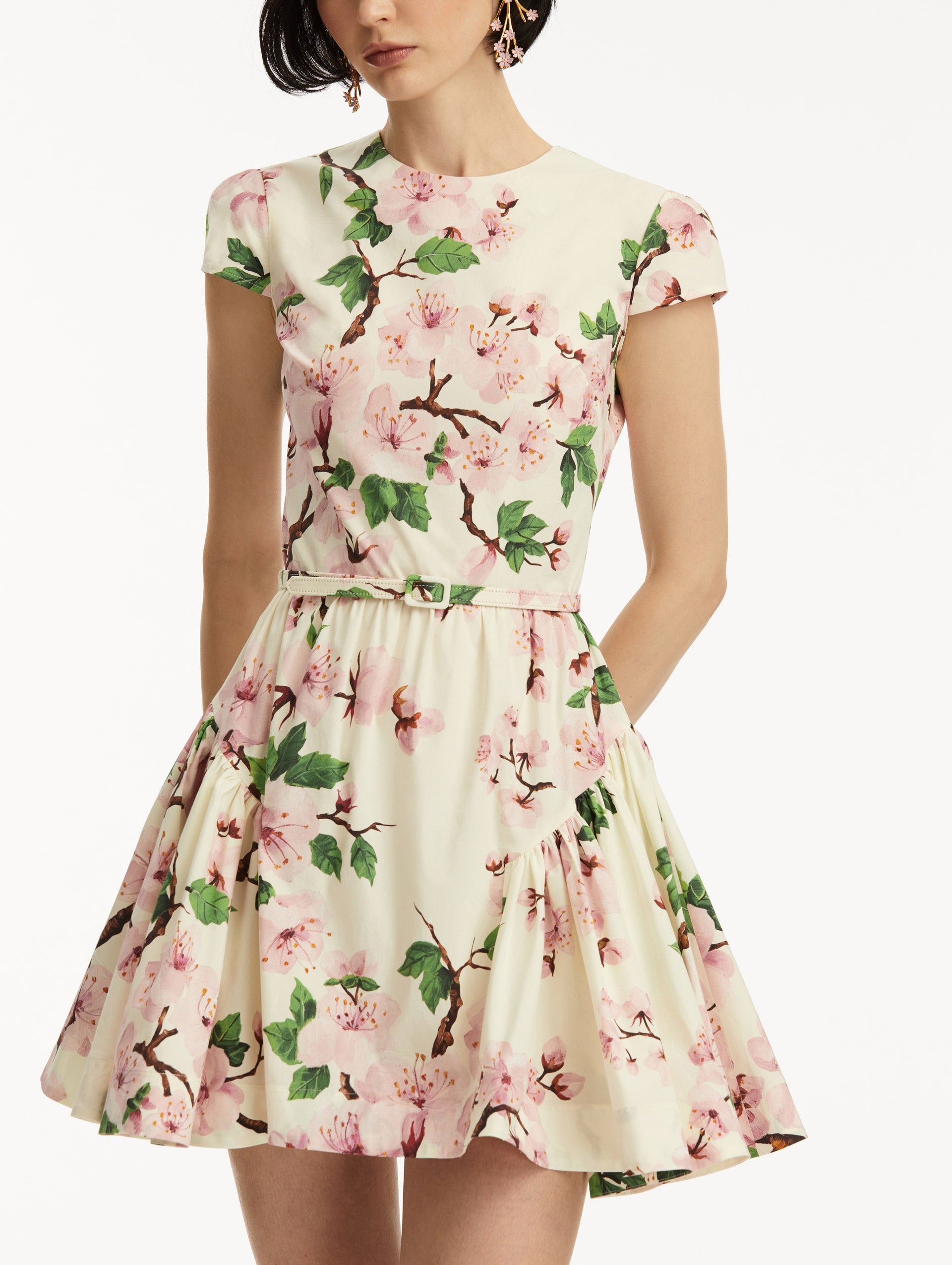 Cherry Blossom Floral Cotton Poplin Mini Dress - Women's Spring Summer Casual Short Sleeve A-Line Dress for Garden Party, Date Night & Vacation