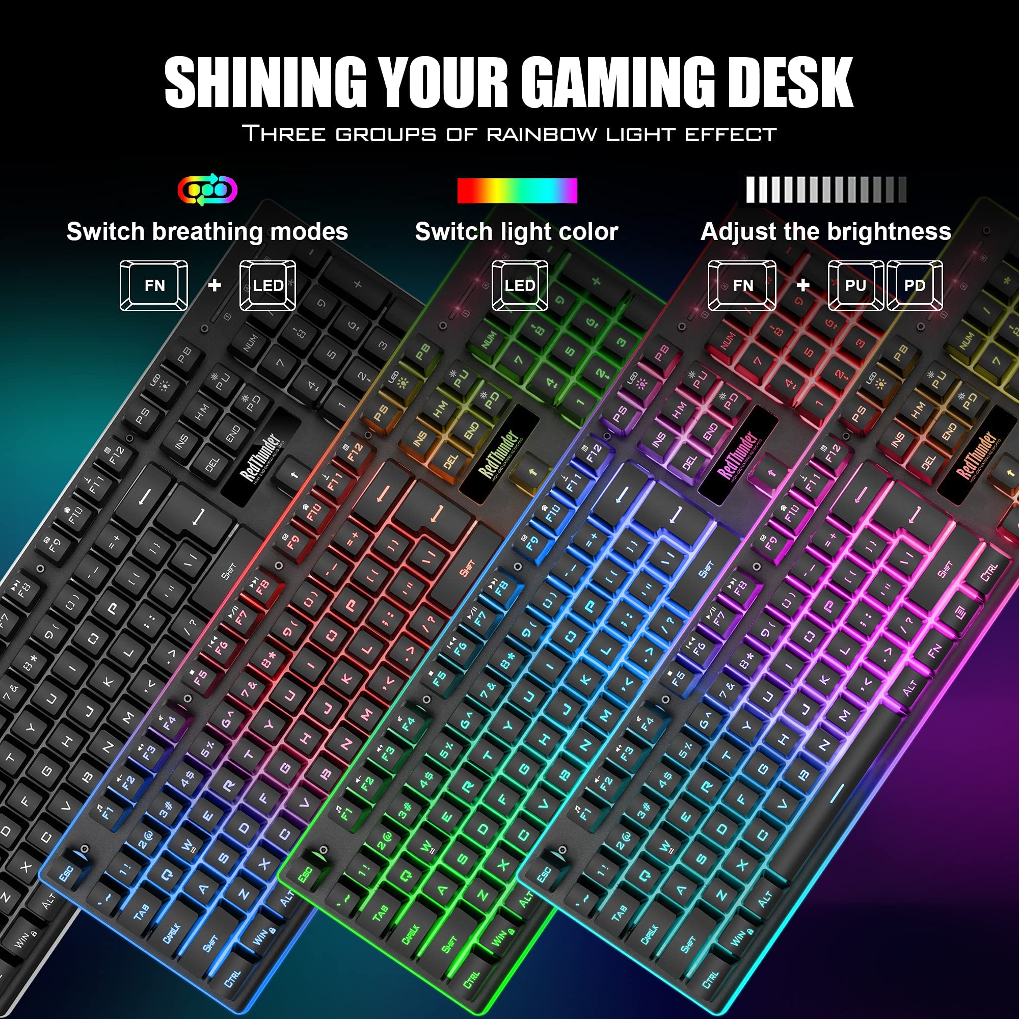 RedThunder K10 Wireless Gaming Keyboard & Mouse Combo - LED Backlit, Rechargeable for PC Gamers - Perfect for Esports & Late-Night Gaming