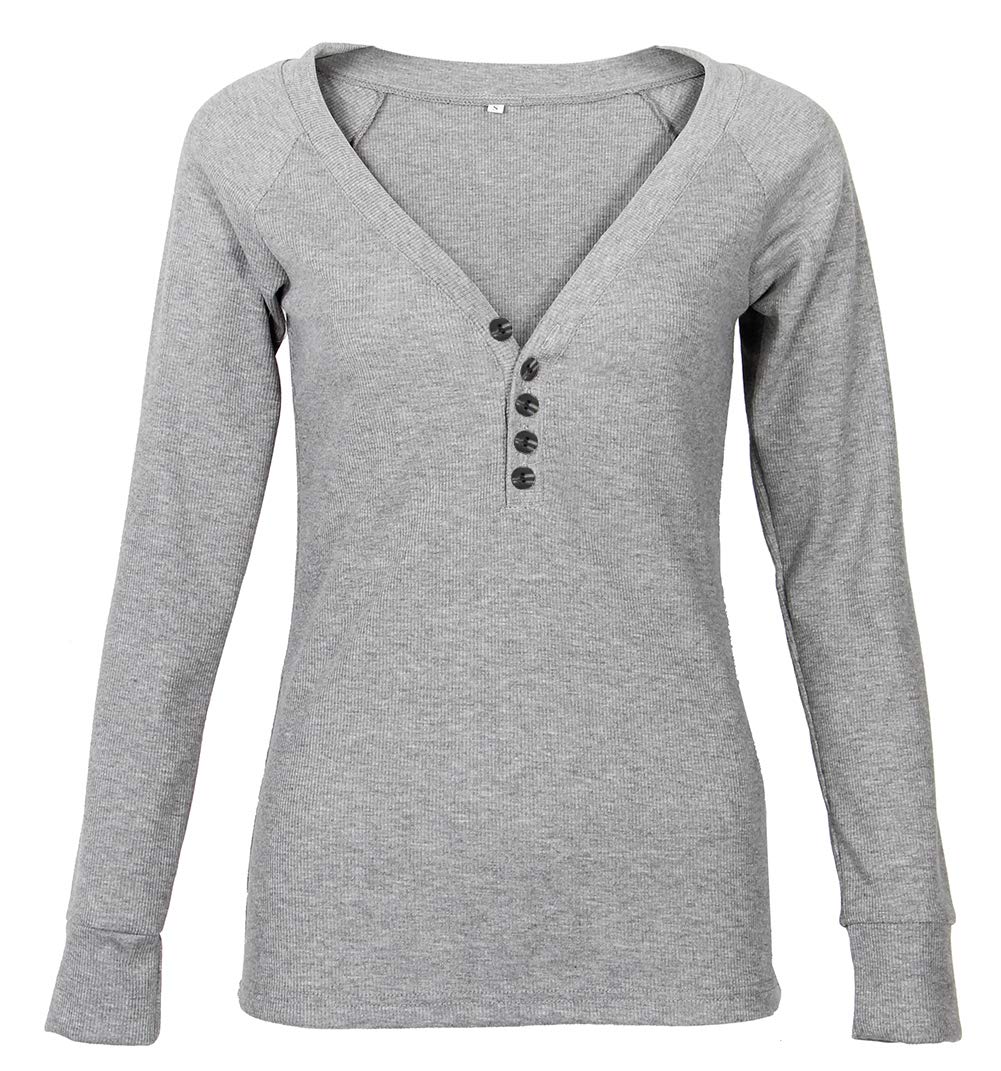 Roselux Women's Long Sleeve Fitted V-Neck Ribbed Henley T-Shirt - Soft Knit Stretchy Casual Top for Everyday Wear, Work & Date Nights