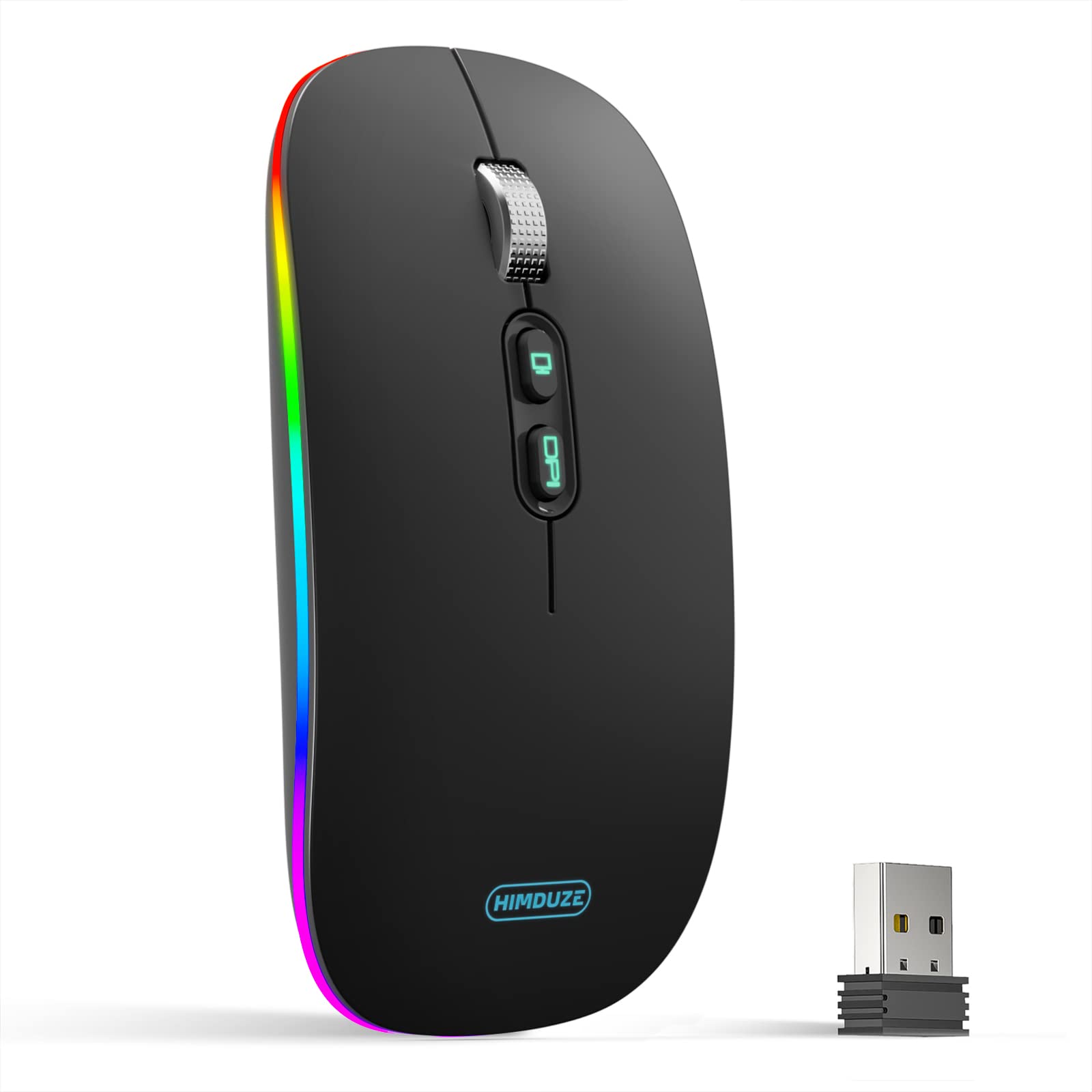 HIMDUZE 2.4G Wireless Rechargeable Mouse with RGB Backlit - Ultra Thin Silent Cordless Mouse for Laptop, PC, Mac - Includes USB Receiver (Black) | Perfect for Office Work, Gaming & Travel Use