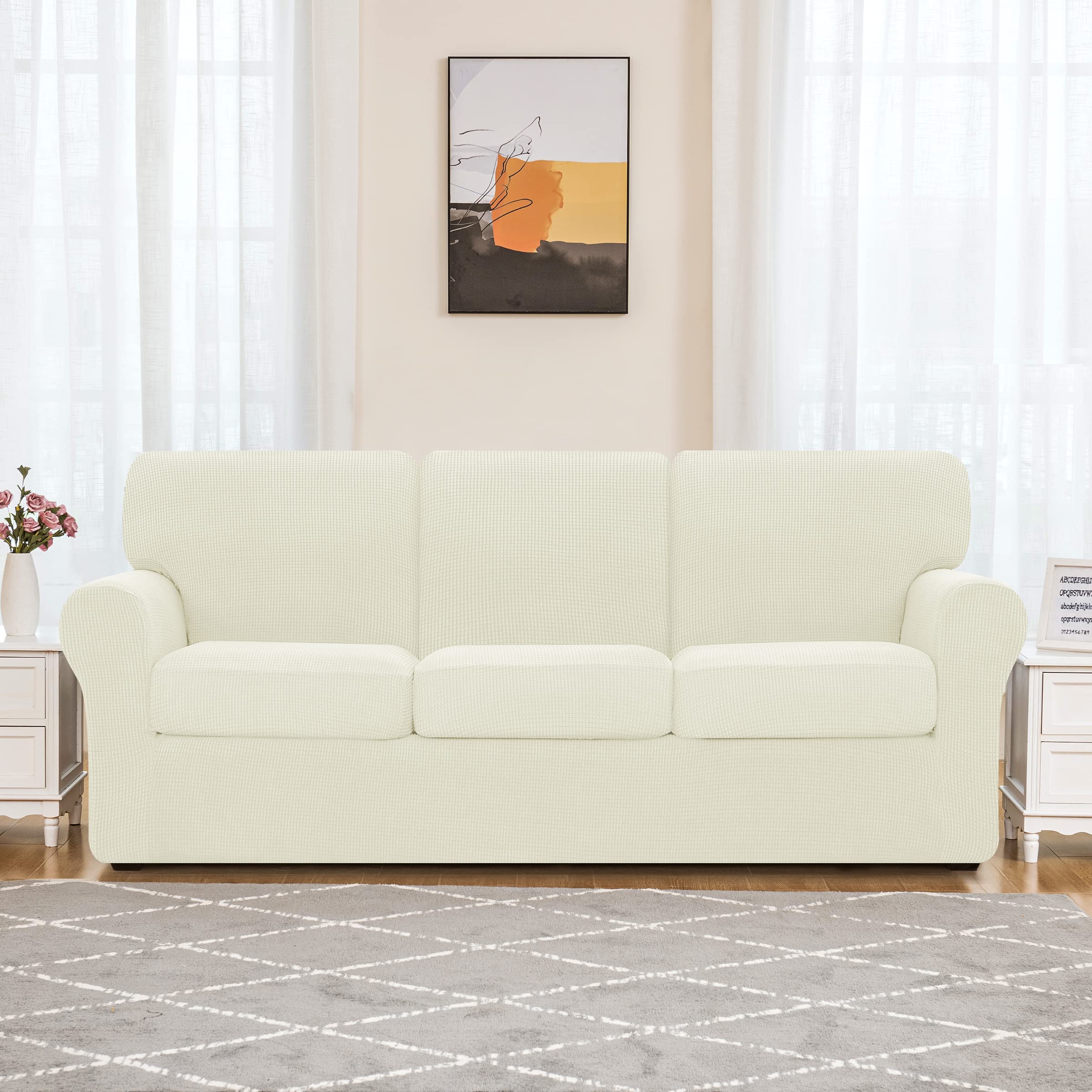 SUBRTEX 5-Piece Loveseat Cover & 7-Piece Sofa Cover Set - Stretchable Couch Slipcover with Separate Backrest & Cushion Covers - Fits Medium & Large Couches (Ivory) - Perfect for Living Room, Home Theater & Family Gatherings