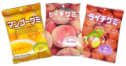 Kasugai Japanese Fruit Gummy Tripak Sampler - Mango, White Peach & Lychee Flavors | Authentic Japanese Candy for Snacking, Parties & Gifts