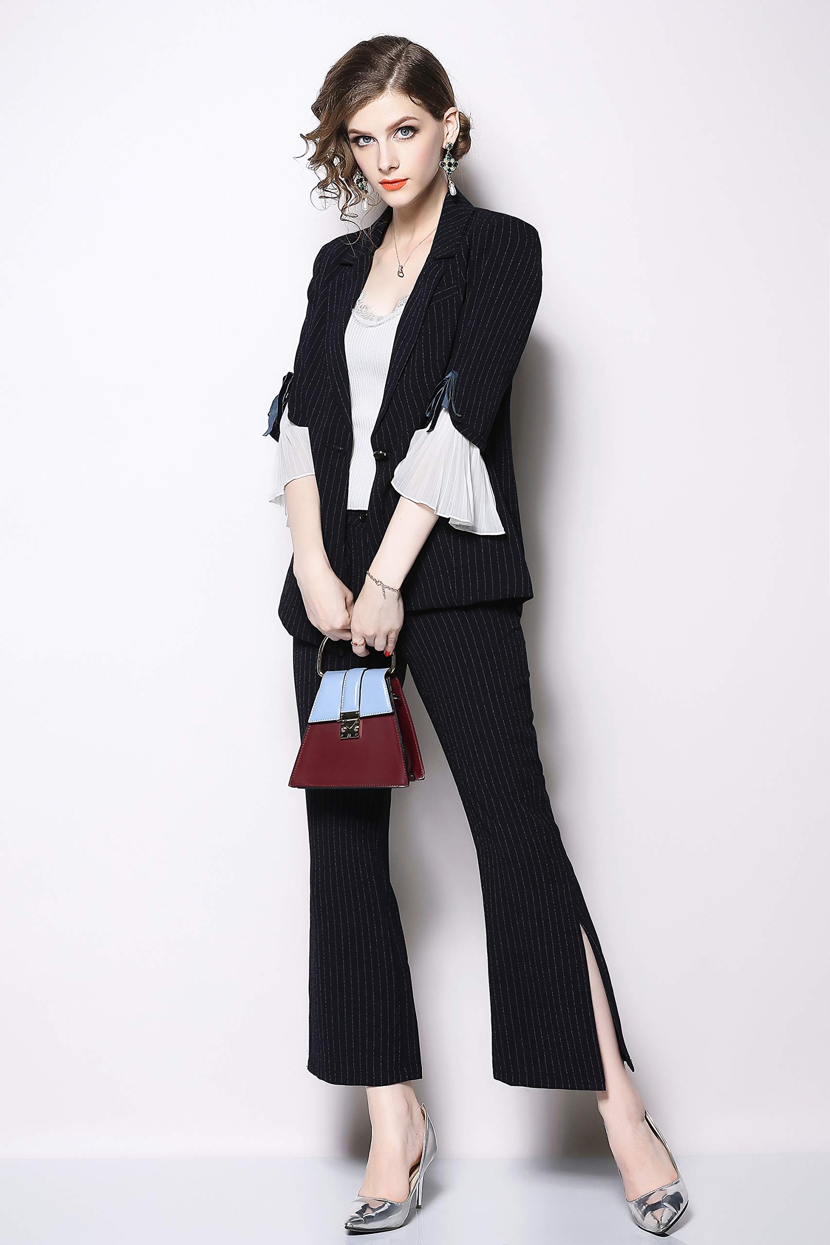 Women's 3/4 Sleeve V-Neck Striped Blazer & Flared Pants Suit Set in Black | Office Wear, Business Casual Outfit for Work & Professional Events