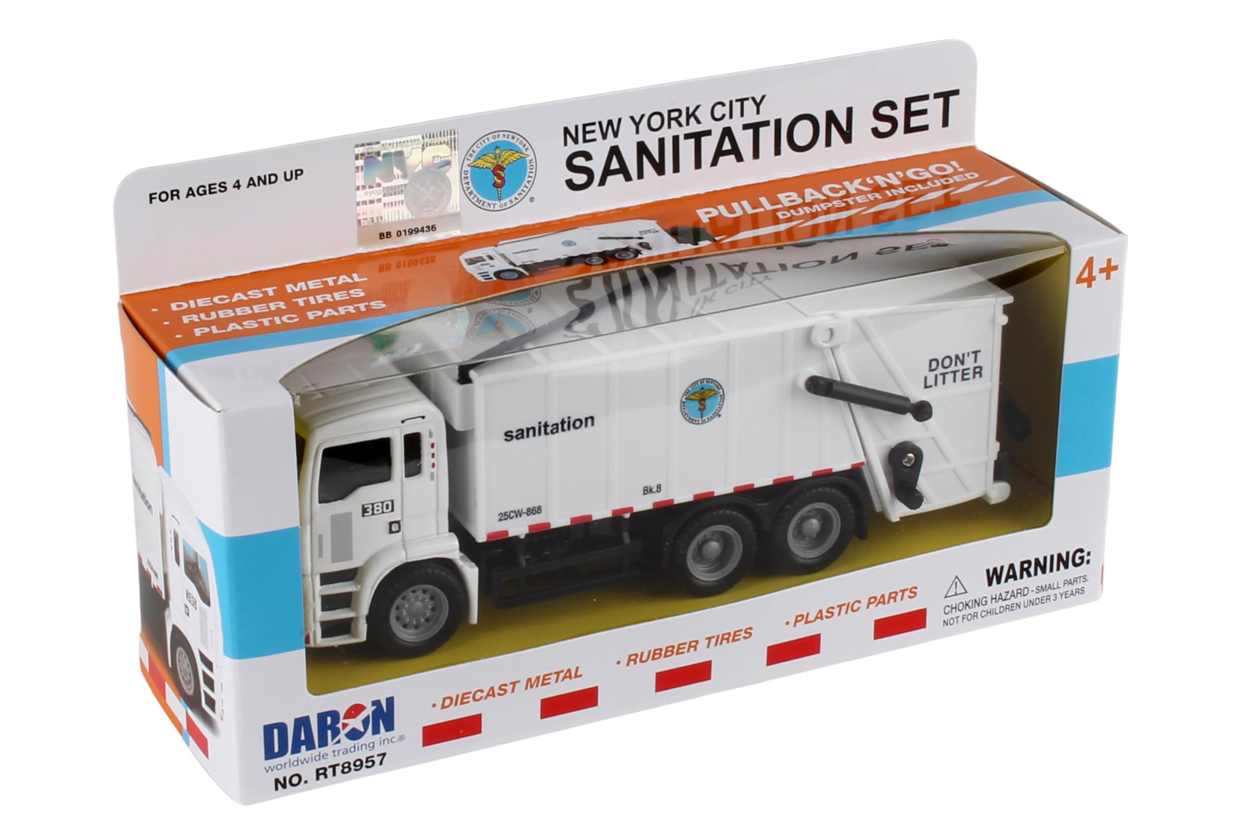 Daron New York City Sanitation Department Garbage Truck Toy - 1:64 Scale Die-Cast Replica with Working Parts - Perfect for Kids Play, Collectors & City-Themed Dioramas