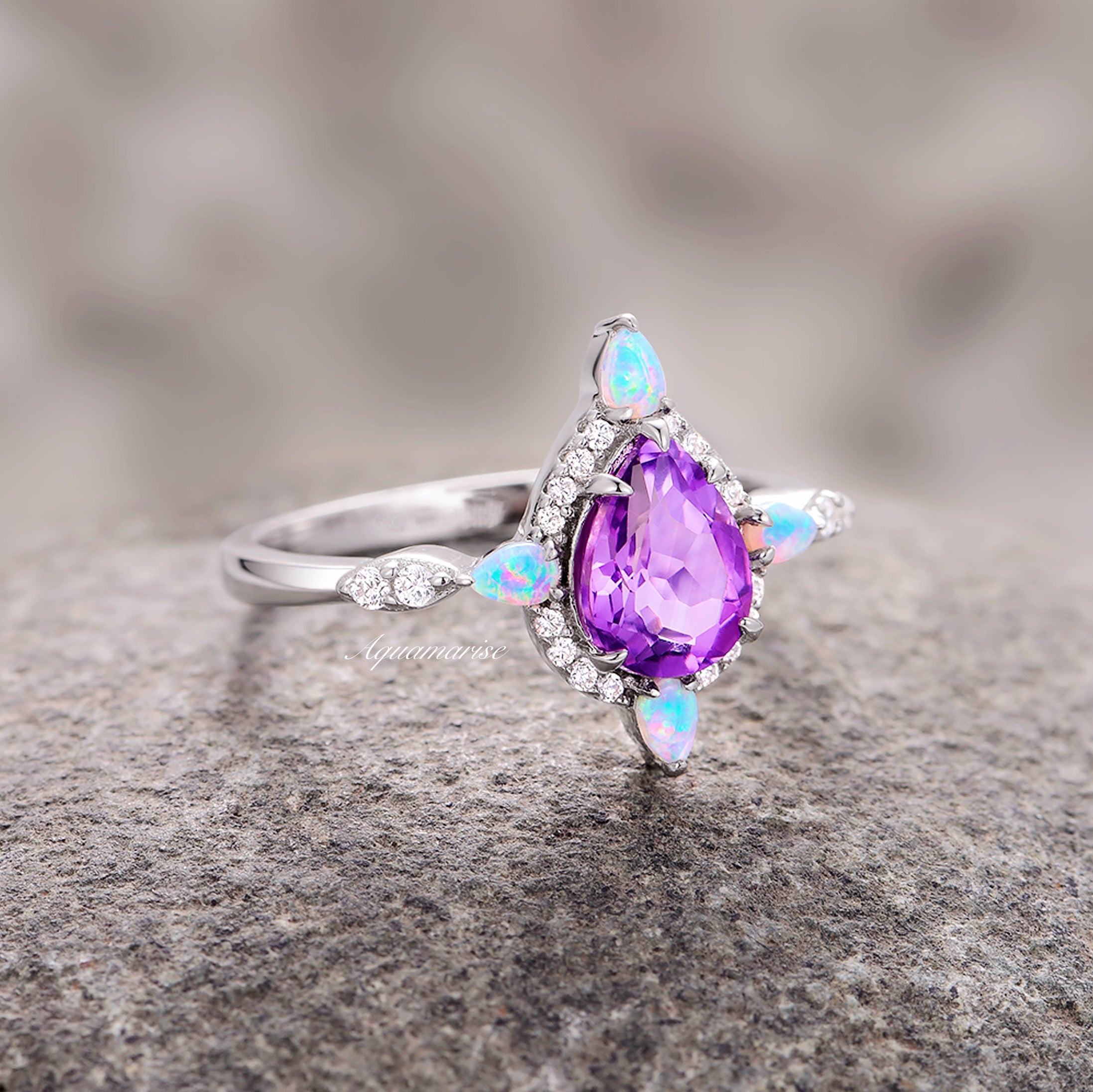 Natural Amethyst & Fire Opal Engagement Ring - 14K White Gold Wedding Band for Women - Perfect for Proposals, Anniversaries & Bridal Jewelry