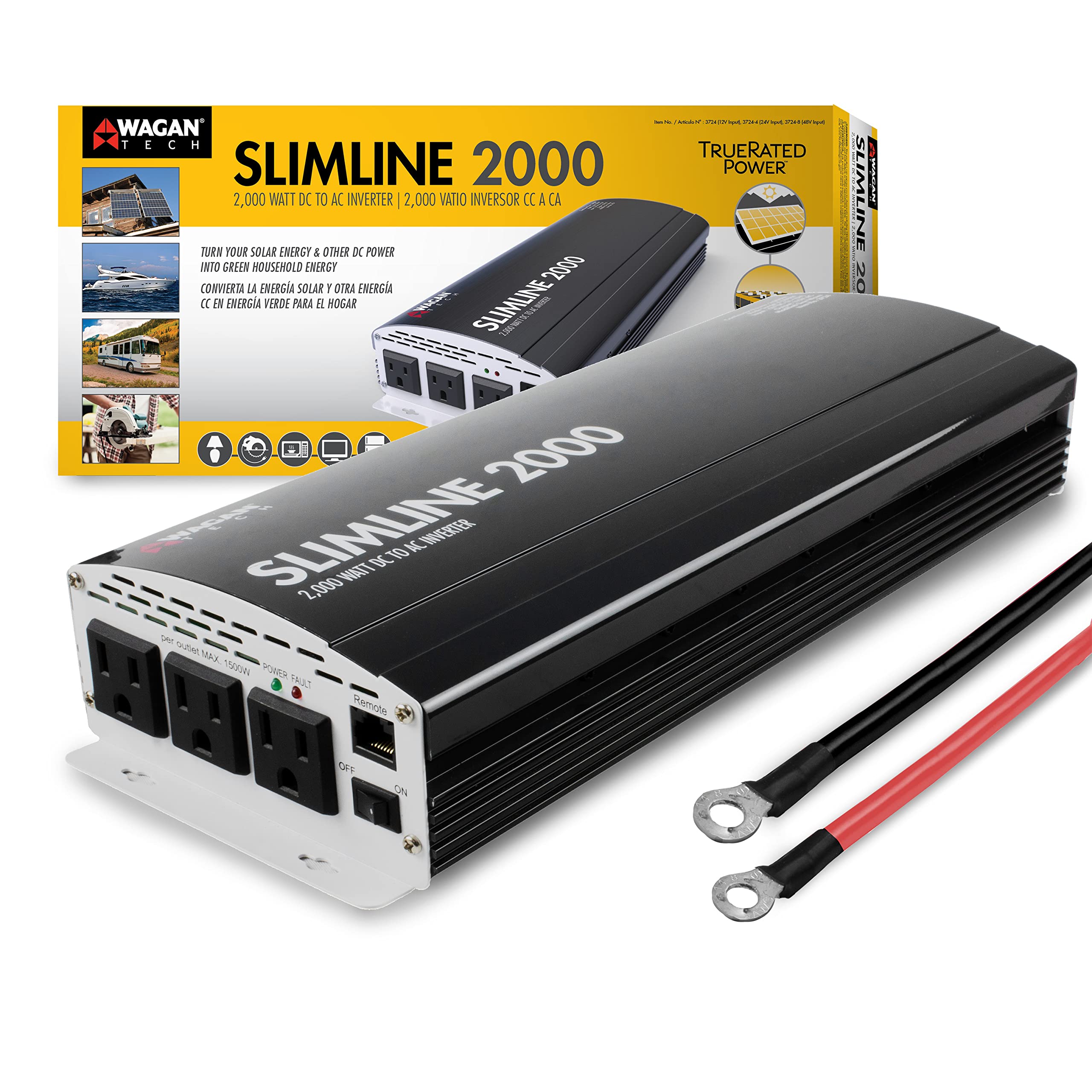 Wagan EL3724 2000W TrueRated Power Inverter - 12V DC to 110V AC Converter with 3 Outlets & 2A USB Port - 4500W Surge for Cars, RVs, Camping & Emergency Power Backup