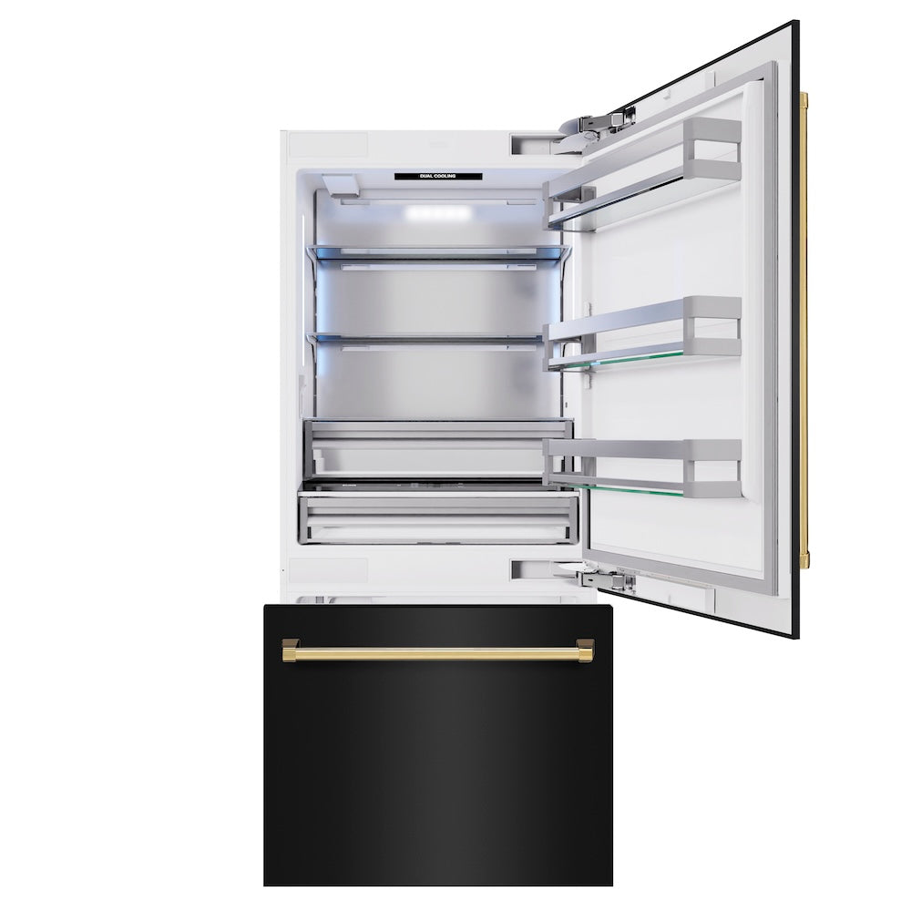 ZLINE Autograph Edition 36 Inch Built-In Bottom Freezer Refrigerator - 19.8 cu ft Capacity, Black Stainless Steel with Gold Accents, Water Dispenser & Ice Maker - Perfect for Modern Kitchens, Open Concept Homes & Luxury Appliances Upgrade