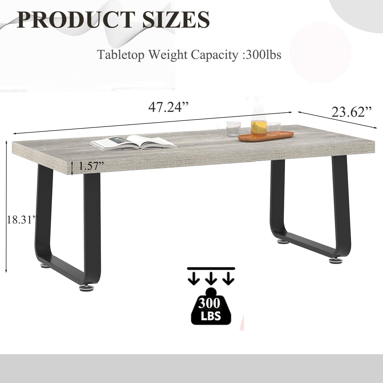 HSH Industrial Coffee Table - Modern Minimalist Wooden Rectangle Living Room Table for Small Spaces - Farmhouse Style Wood & Metal Tea Table - Light Grey Oak Finish - 47 Inch - Perfect for Home, Bedroom, Office & Apartment Decor