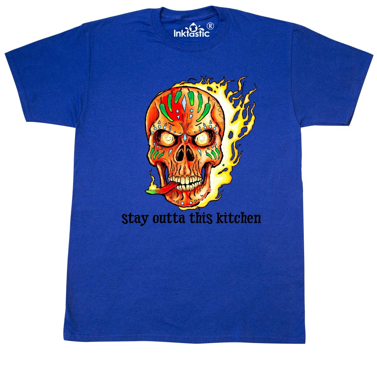 Inktastic Fire Skull Stay Outta This Kitchen Graphic T-Shirt for Men & Women - Cool Skull Design for Cooking Enthusiasts, Halloween Costume, or Casual Wear