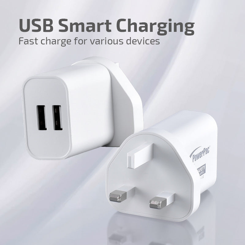 Fast Charging USB Smart Charger with 2 USB A Ports - Dual Voltage 100-240V AC, 17W Power (Model PP7985BK) - Perfect for Travel, Home & Office Use