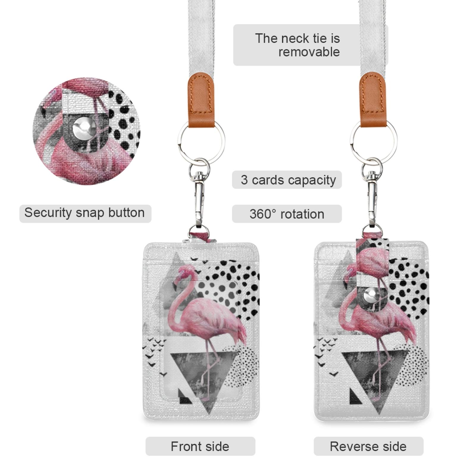 Pink Flamingo ID Badge Holder with Lanyard - Vertical Leather Name Tag for Office & School Staff