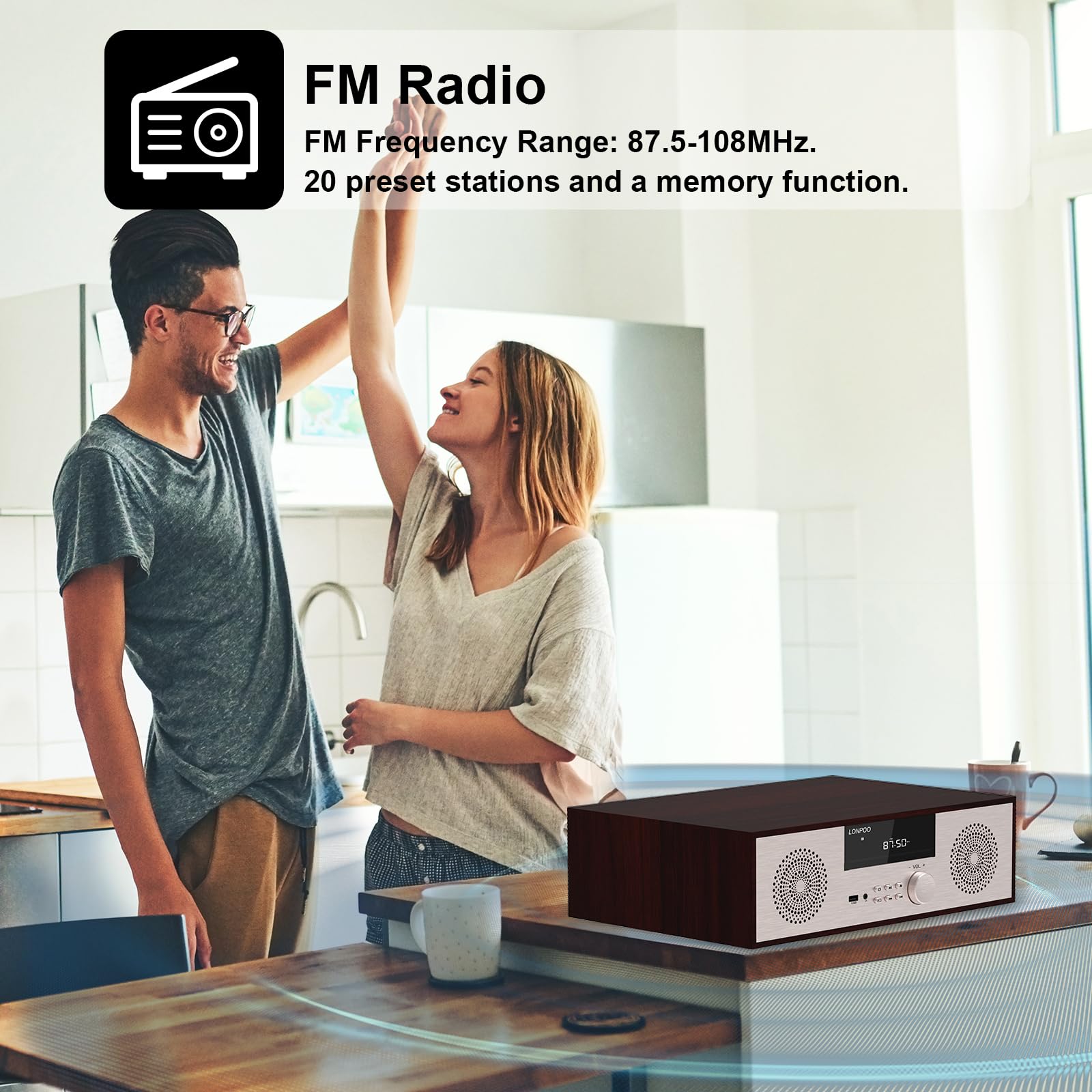 LONPOO 40W Home Stereo System with CD Player, Bluetooth Speakers, USB Playback, FM Radio, Aux & Earphone Port - Perfect for Living Room Music & Home Theater Audio (816-GOLD)