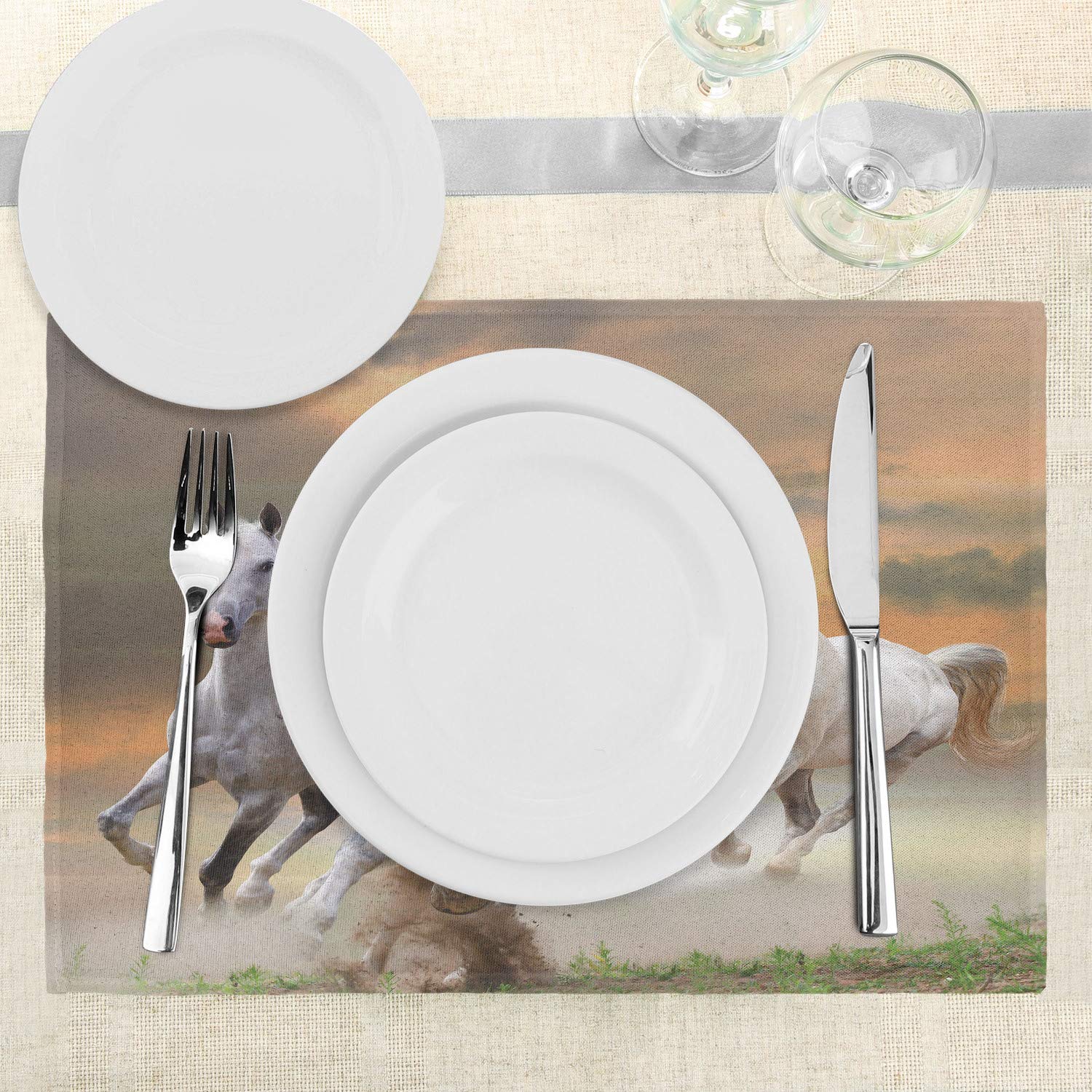 Ambesonne 4-Piece Horses Placemats Set - Stallion Horses Running on Mystic Sky Equestrian Print, Washable Fabric Table Mats for Dining Room & Kitchen Decor (White & Orange) - Perfect for Dinner Parties, Holiday Gatherings & Western-Themed Events