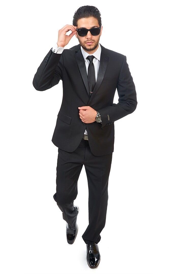 AZAR MAN Slim Fit Men's Suit Tuxedo - Black 2 Button Satin Lapel Formal Suit with Flat Front Pants | Perfect for Weddings, Prom, Business Meetings & Special Occasions