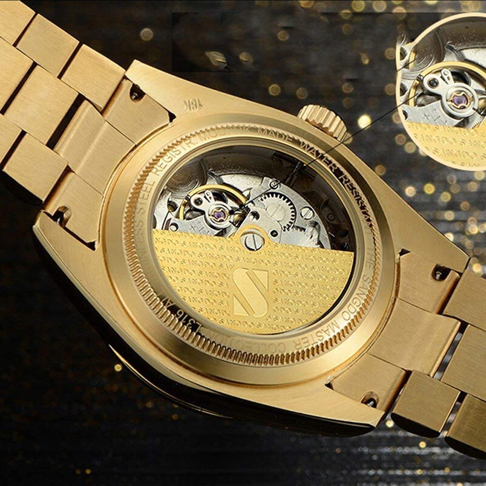 Premium Men's Automatic Self-Winding Watch - Stainless Steel Calendar Display, Water Resistant, Gold Tone | Perfect for Business, Outdoor Activities & Luxury Gifts for Him