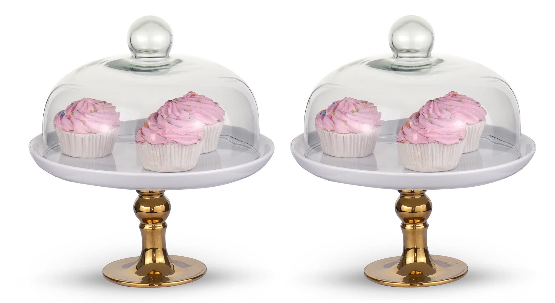 Premium White Ceramic Cake Plate with Gold Footed Stand & Clear Dome Lid - 9.8 Inch Elegant Dessert Serving Set (2-Piece) - Perfect for Weddings, Birthday Parties & Afternoon Tea Display