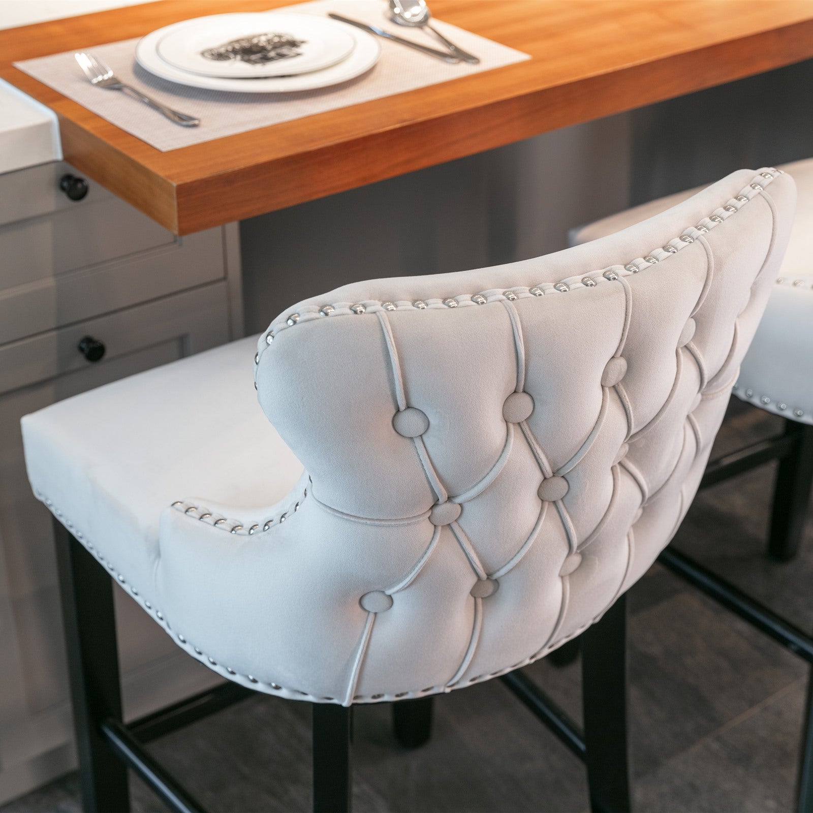 Contemporary Velvet Upholstered Wingback Bar Stools - Set of 4 Beige Bar Chairs with Button Tufted Design, Wooden Legs & Chrome Nailhead Trim | Perfect for Kitchen Islands, Home Bars & Modern Dining Areas