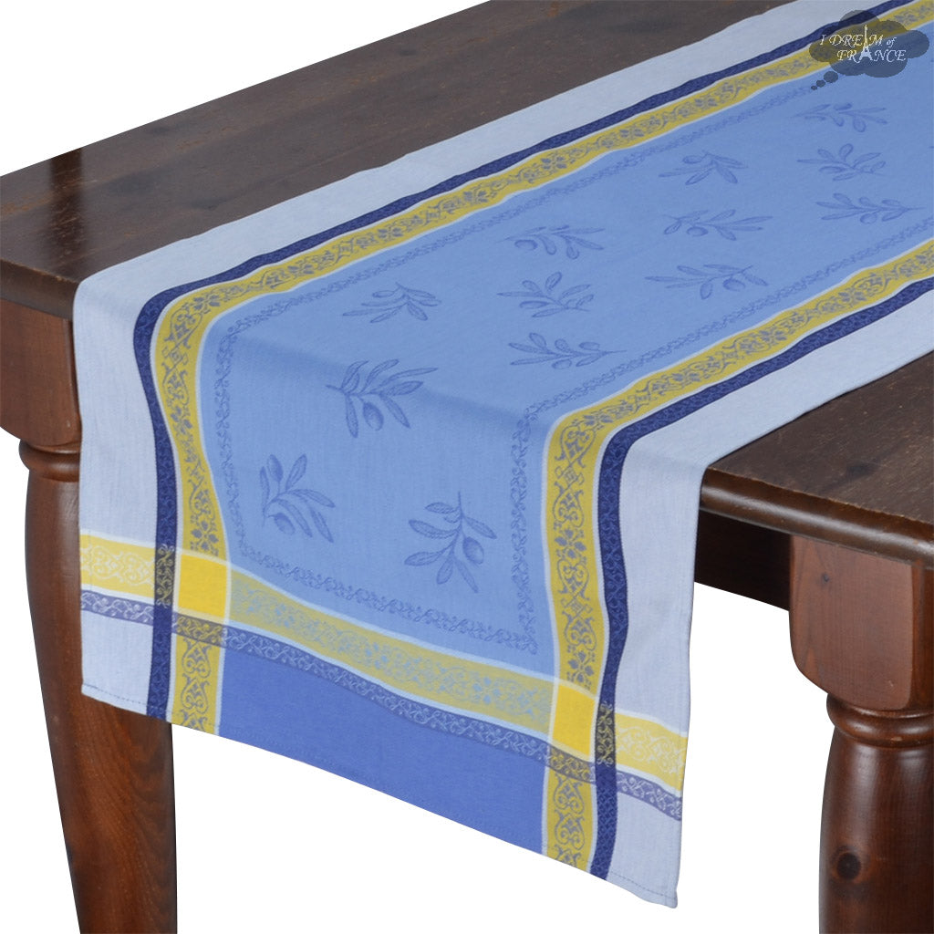20x64 Olivia Blue & Yellow Jacquard Cotton Table Runner by Tissus Toselli - Elegant Dining Table Decor for Weddings, Holidays & Special Occasions