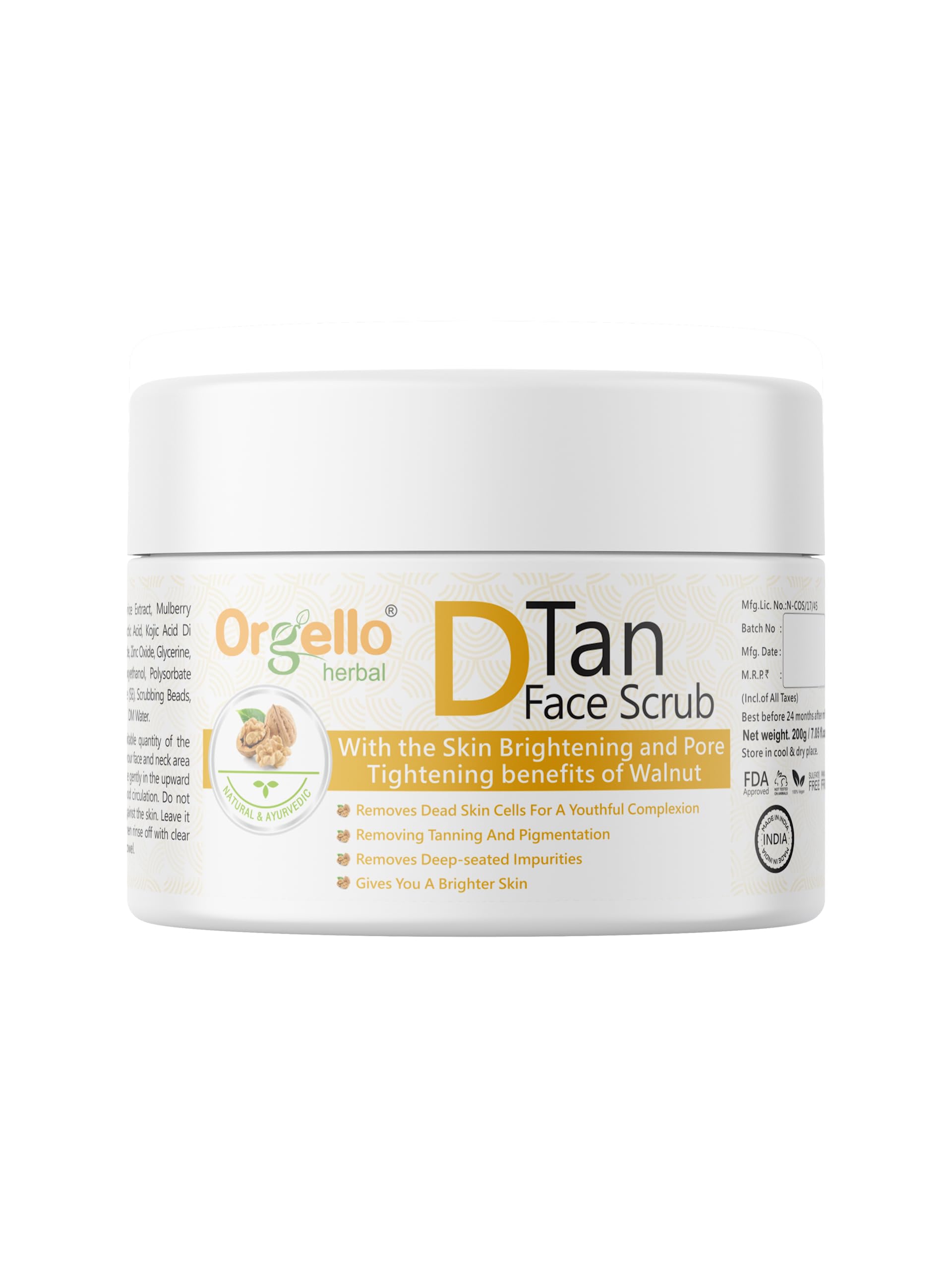 Orgello D-Tan Face Scrub for Men & Women - Natural Tan Removal & Pigmentation Treatment for Oily & Dry Skin | 200g Facial Exfoliator | Perfect for Daily Skincare Routine & Sun-Damaged Skin Repair