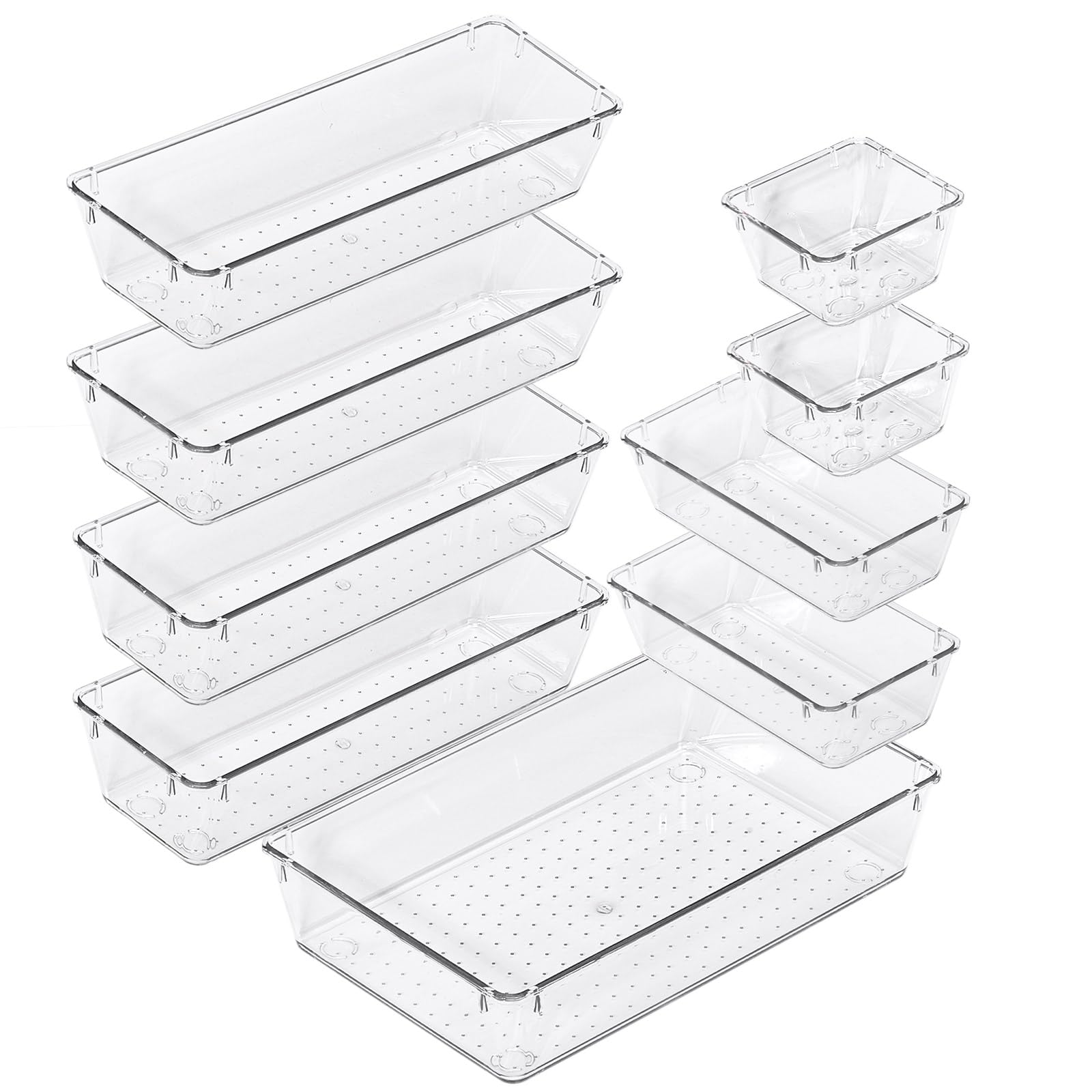 Smartor 9-Piece Clear Plastic Drawer Organizer Set - Non-Slip Storage Bins for Makeup, Office, Kitchen & Bathroom | Space-Saving Desk Drawer Trays for Home & Office Organization (Perfect for Cosmetics, Utensils & Stationery Storage)