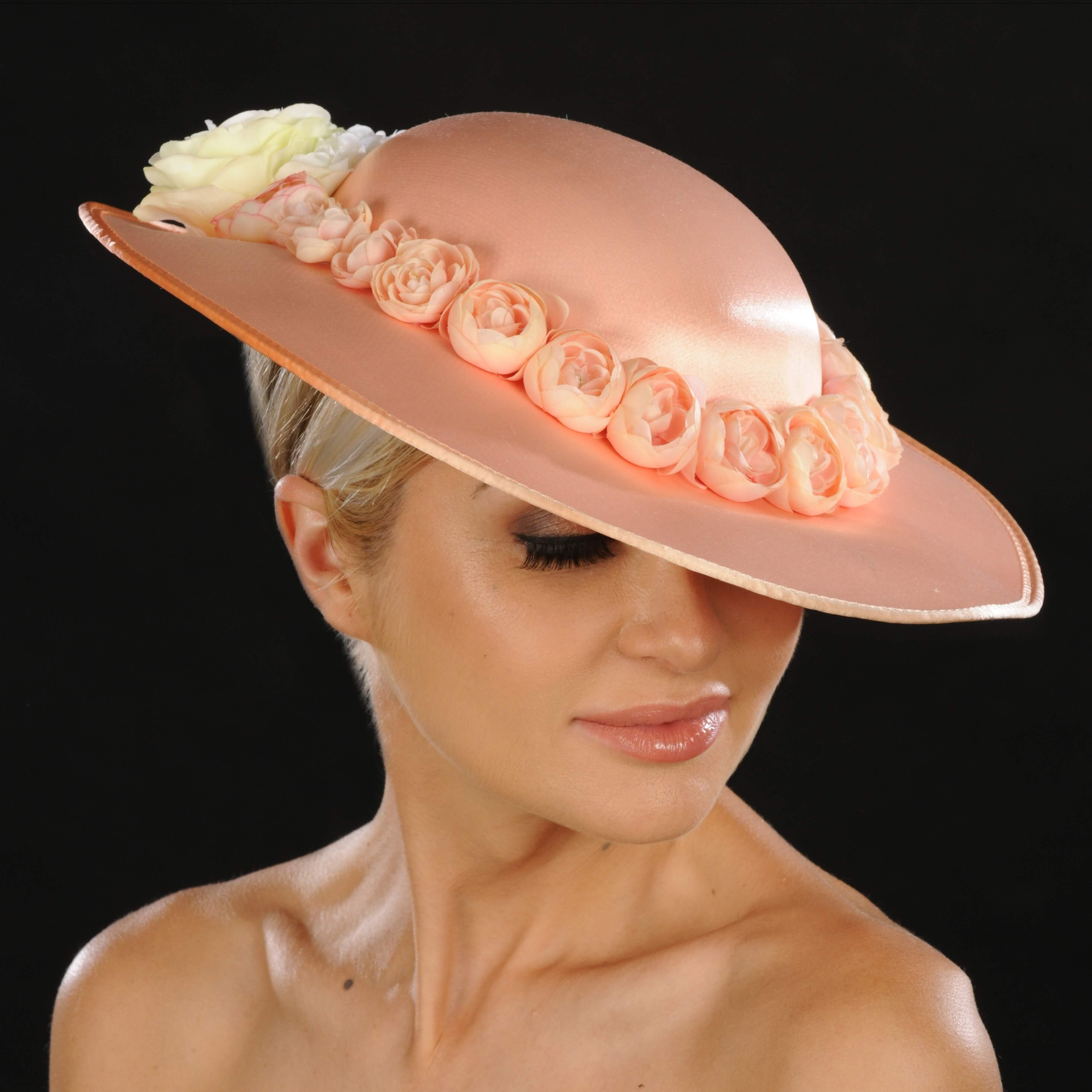 Peach Satin Flower Ladies Dress Hats - Elegant Women's Fashion Headwear for Weddings, Parties & Special Occasions